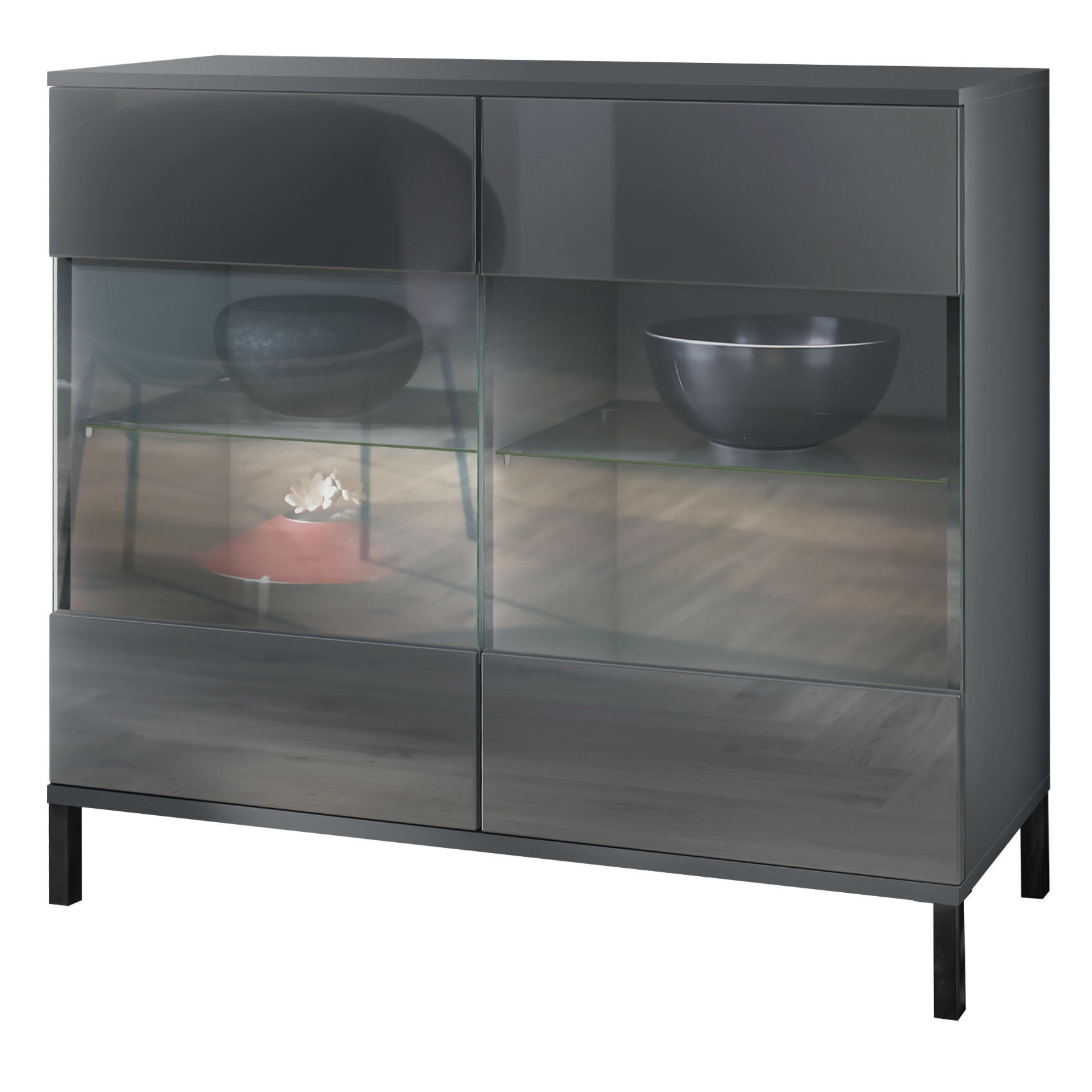 KOMMODE Bari Grau Hochglanz - Grau, Holzwerkstoff (92.5/83.5/35cm) - Vladon