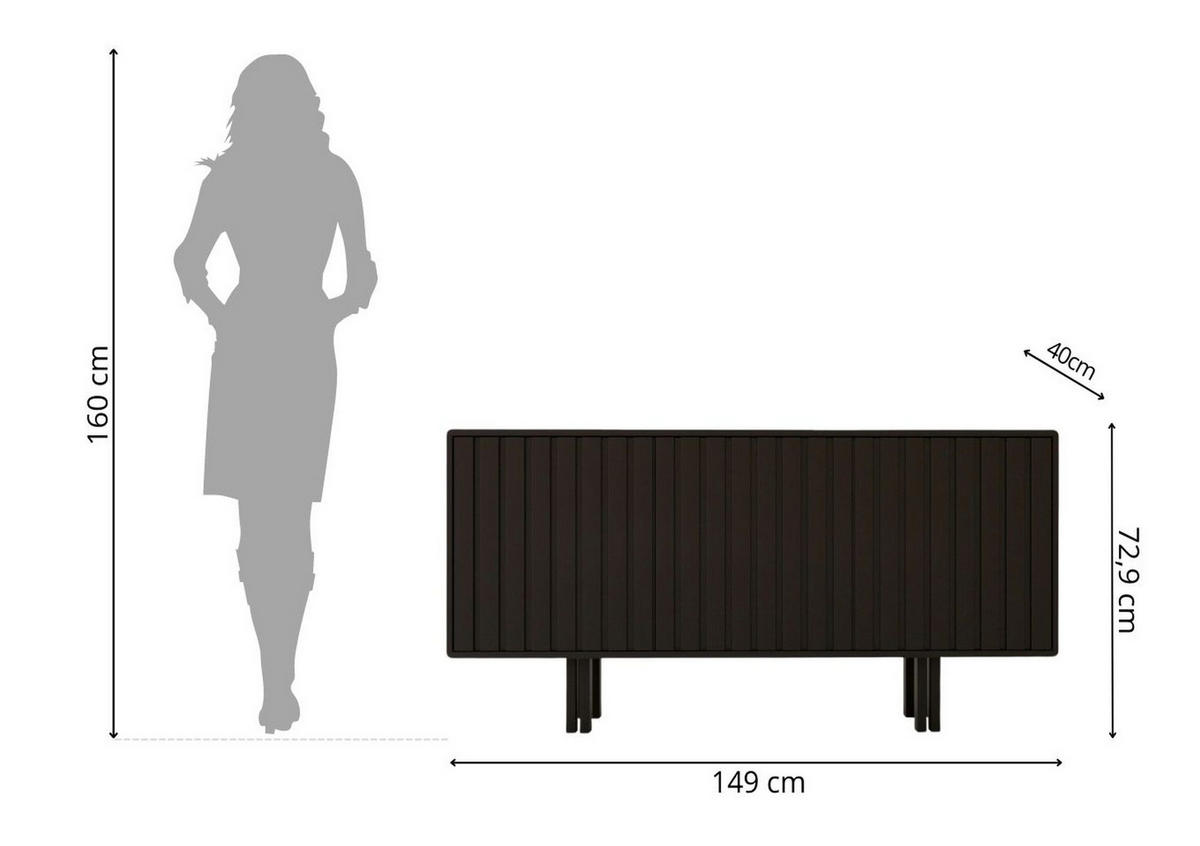 SIDEBOARD Vigge, Schwarz, Push-To-Open System , Lamellen Effekt - Schwarz, Holzwerkstoff/Buchenholz (149/73/40cm) - Skandica