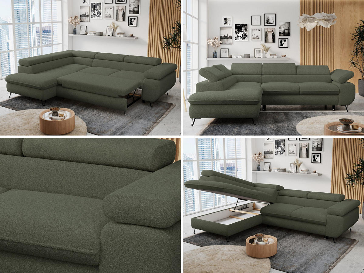 ECKSOFA PETER L Grün Boucle - Links Seite - Schwarz/Grün, Textil/Metall (208/273cm) - MKS