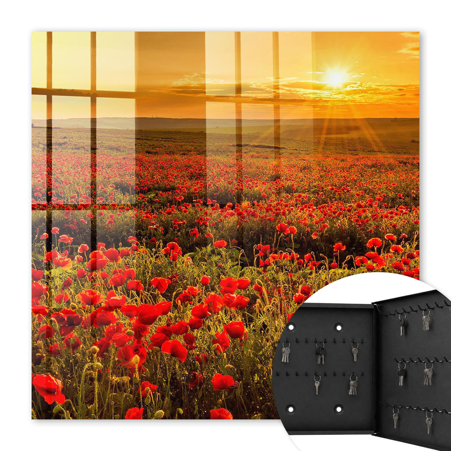 SCHLÜSSELBOX Schwarz 30x30 cm- Türöffnung nach rechts - Mohnfelder - Rot, Metall (30/30/5cm) - TULUP