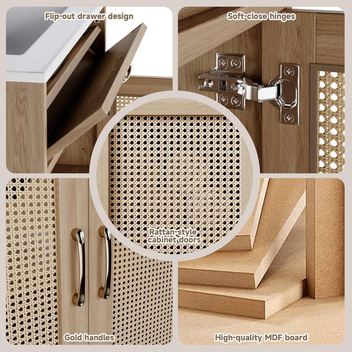 WASCHBECKENUNTERSCHRANK Badmöbel Keramikbecken Rattan Front MDF Melamin Stauraum Badezimmer - Naturfarben, Keramik/Holzwerkstoff (76/88/46cm) - EVRYAE