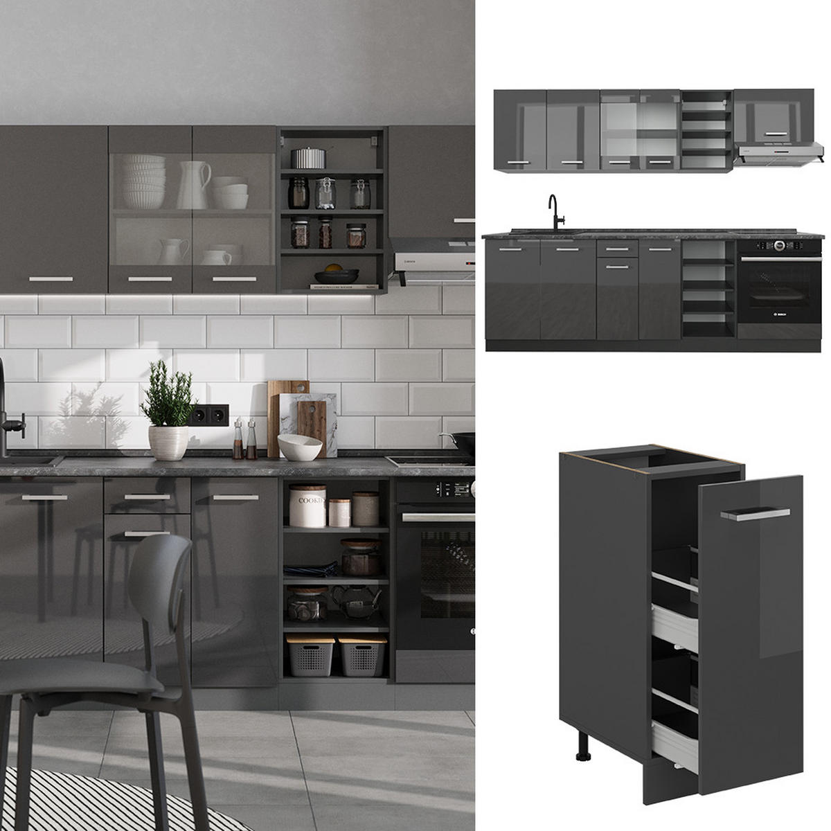 KÜCHENZEILE R-Line Anthrazit Hochglanz/Anthrazit 240 cm ohne Arbeitsplatte - Anthrazit, Holzwerkstoff (240/81.6/46cm) - Vicco