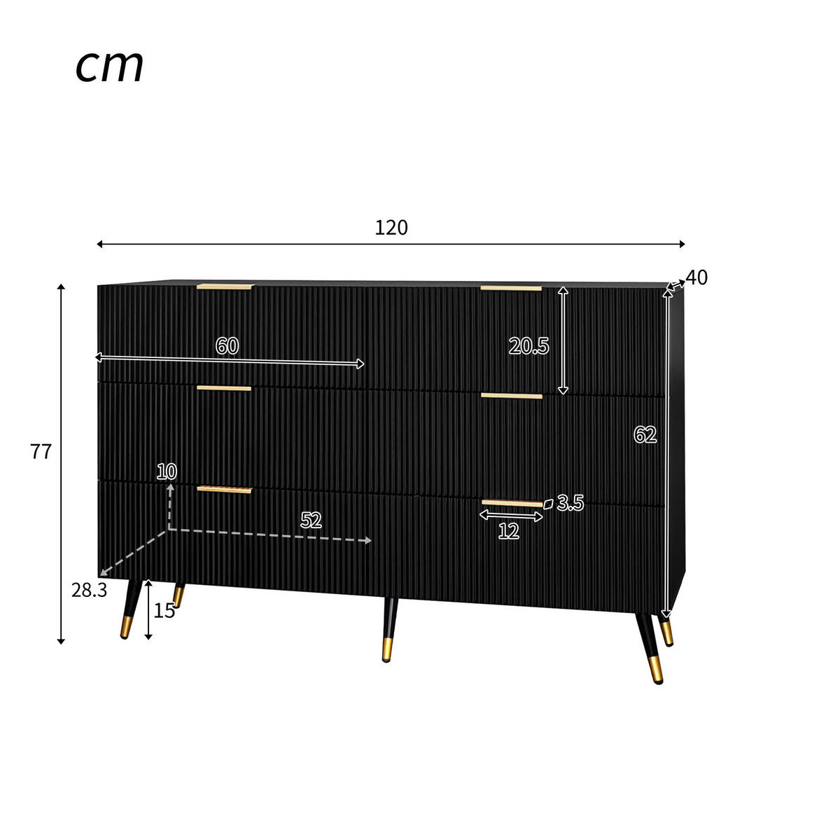 SIDEBOARD 120/77/40 cm Schwarz aus Spanplatte mit 6 Schubladen - Schwarz, Holzwerkstoff (40/77/120cm) - OKMYHOME
