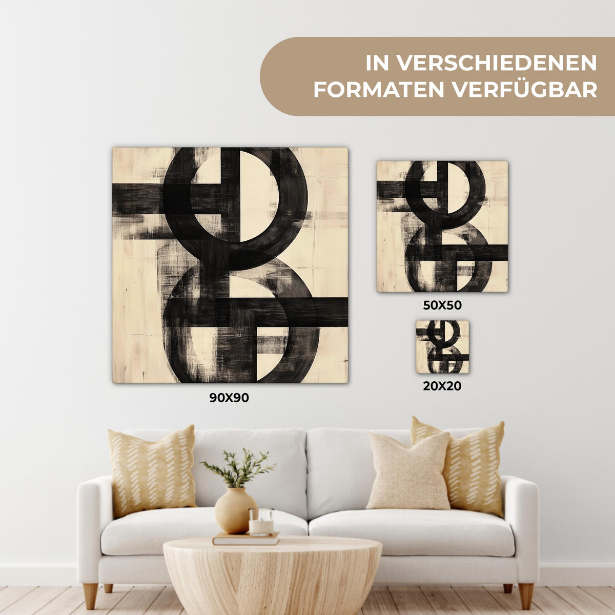 LEINWANDBILD Kreise - Balken - Schwarz - Abstrakt Deko Groß 90x90 cm - Schwarz, Textil (90/90cm) - MuchoWow