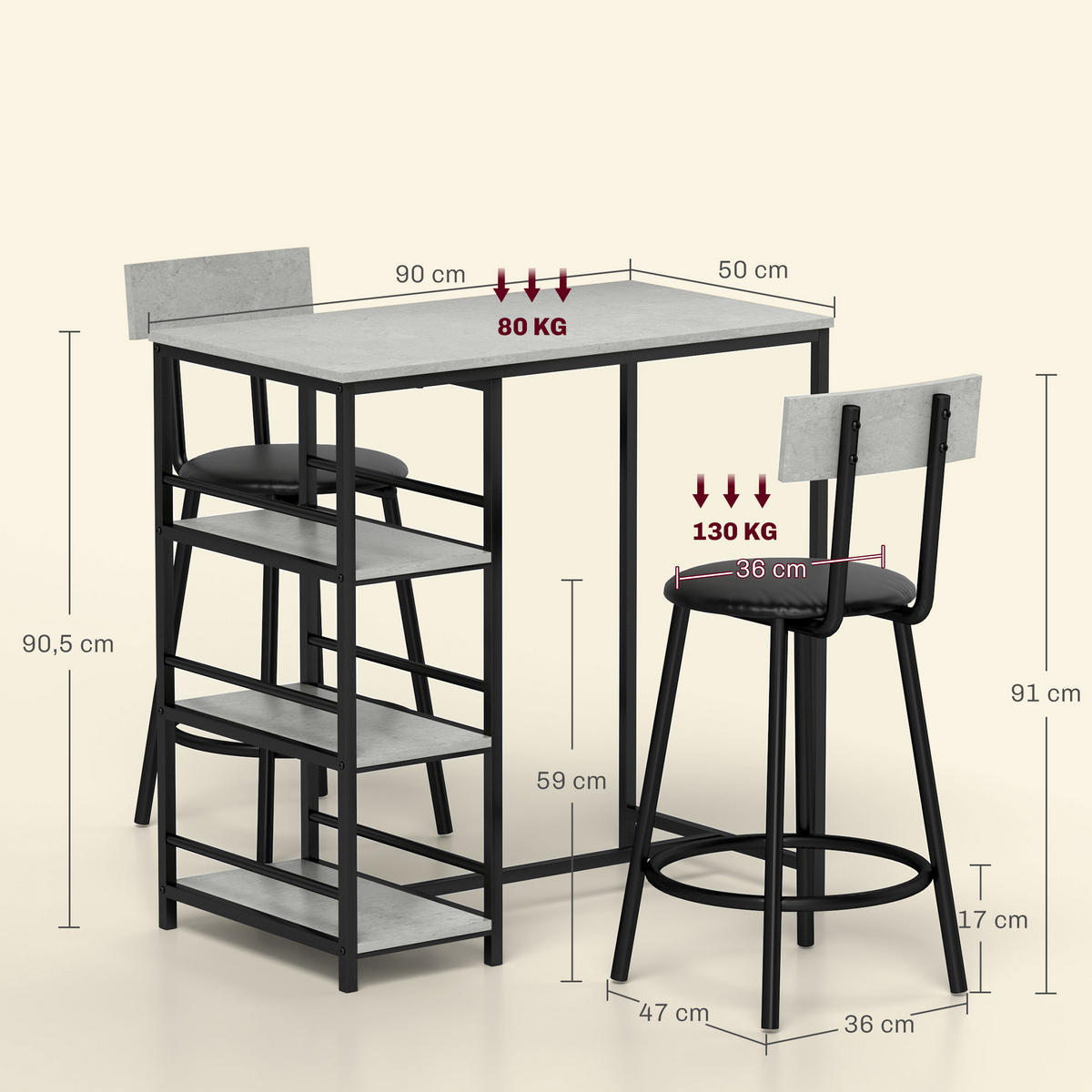 BARTISCH-SET DE-14753 mit 3 Ablagen & 2 Hockern Grau/Schwarz - Hellgrau, Holzwerkstoff (90/50/90.5cm) - ComfortXL