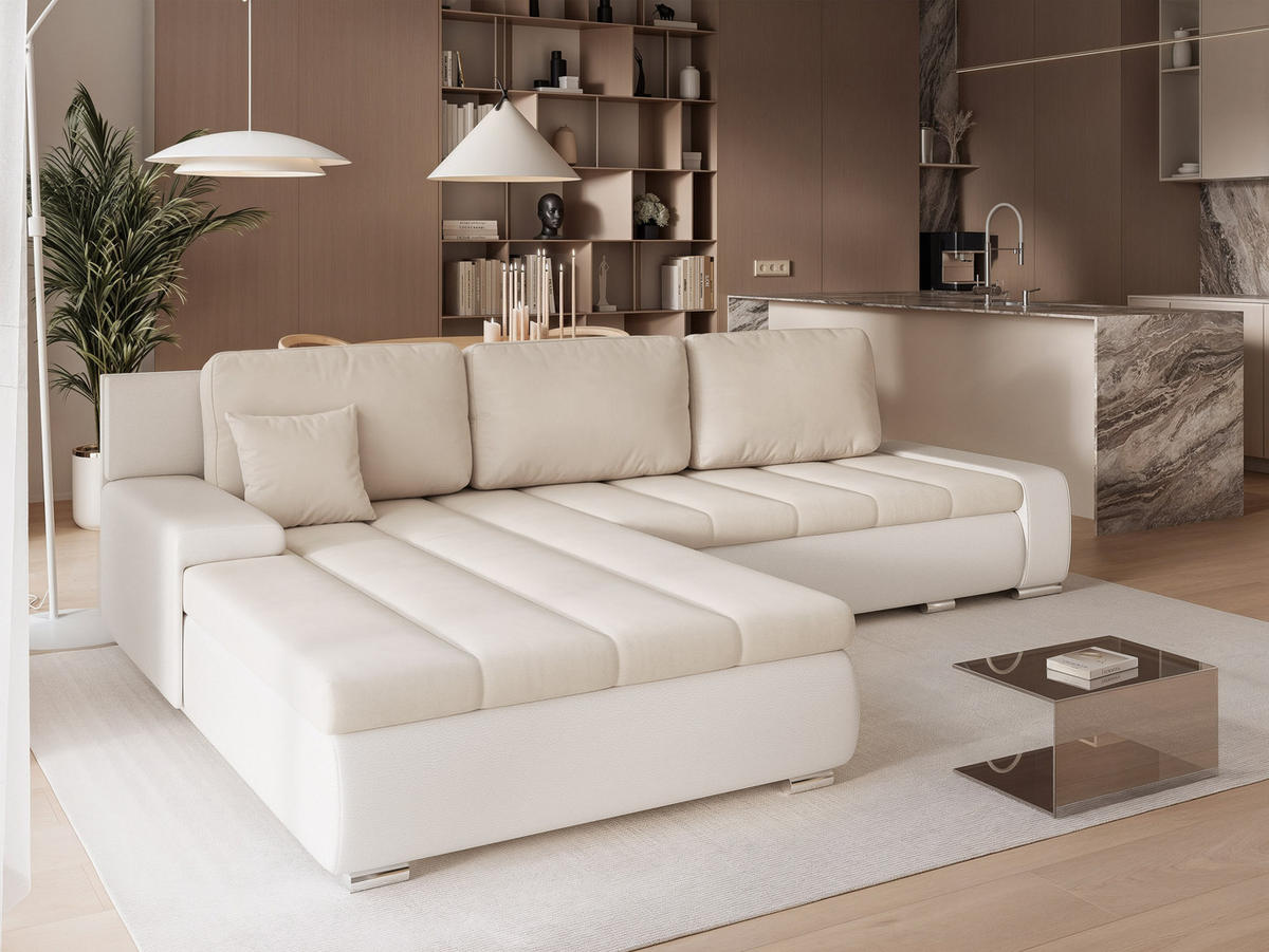 ECKSOFA VELANO mit Schlaffunktion und Bettkasten Creme/Beige - Beige, Holzwerkstoff/Kunststoff (250/160cm) - Idohome