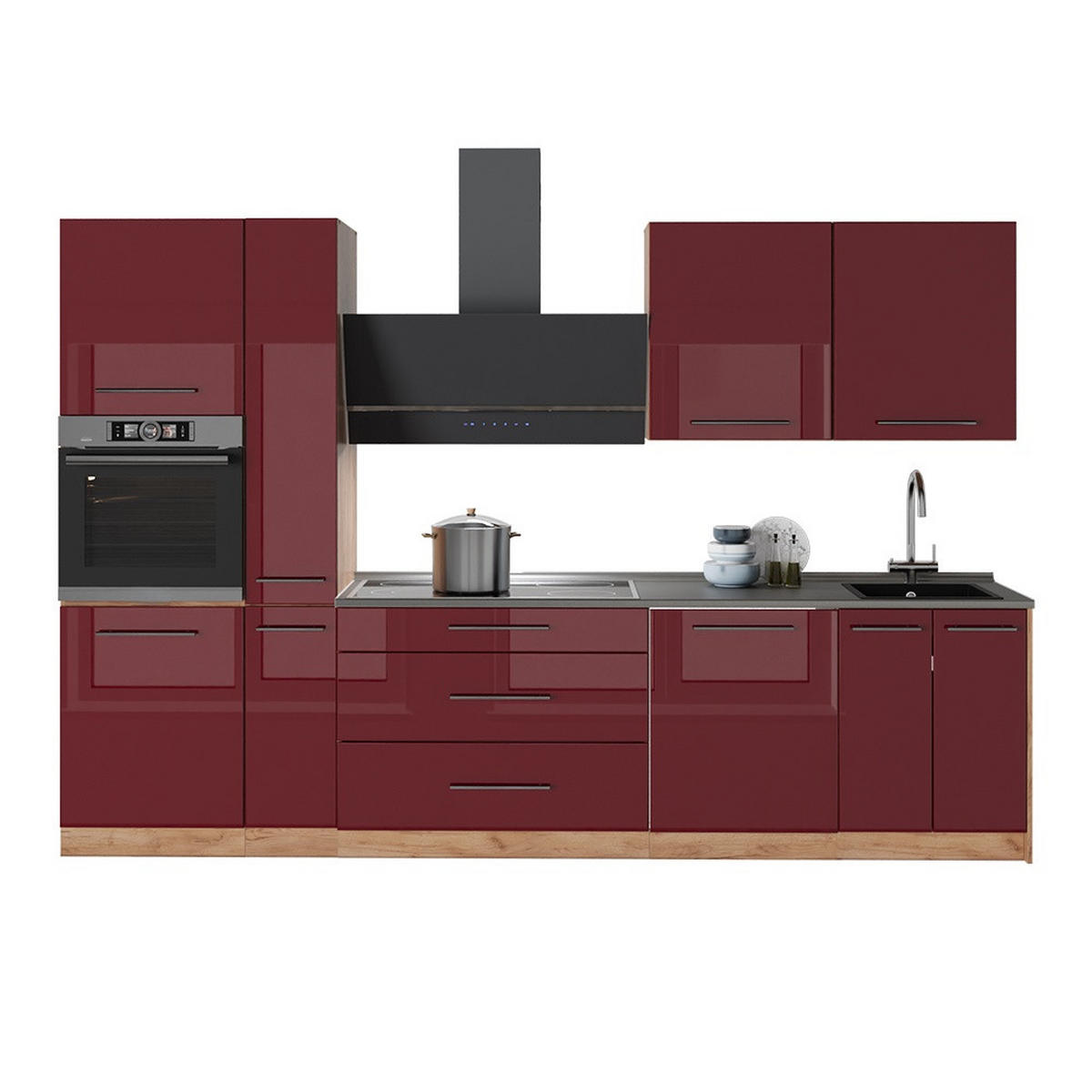 KÖK Fame-Line, Bordeaux högblank/Goldkraft ek, 310 cm, AP Antracit - Bordeaux/Honungsek, Träbaserade material (310/206.8/60cm) - Vicco