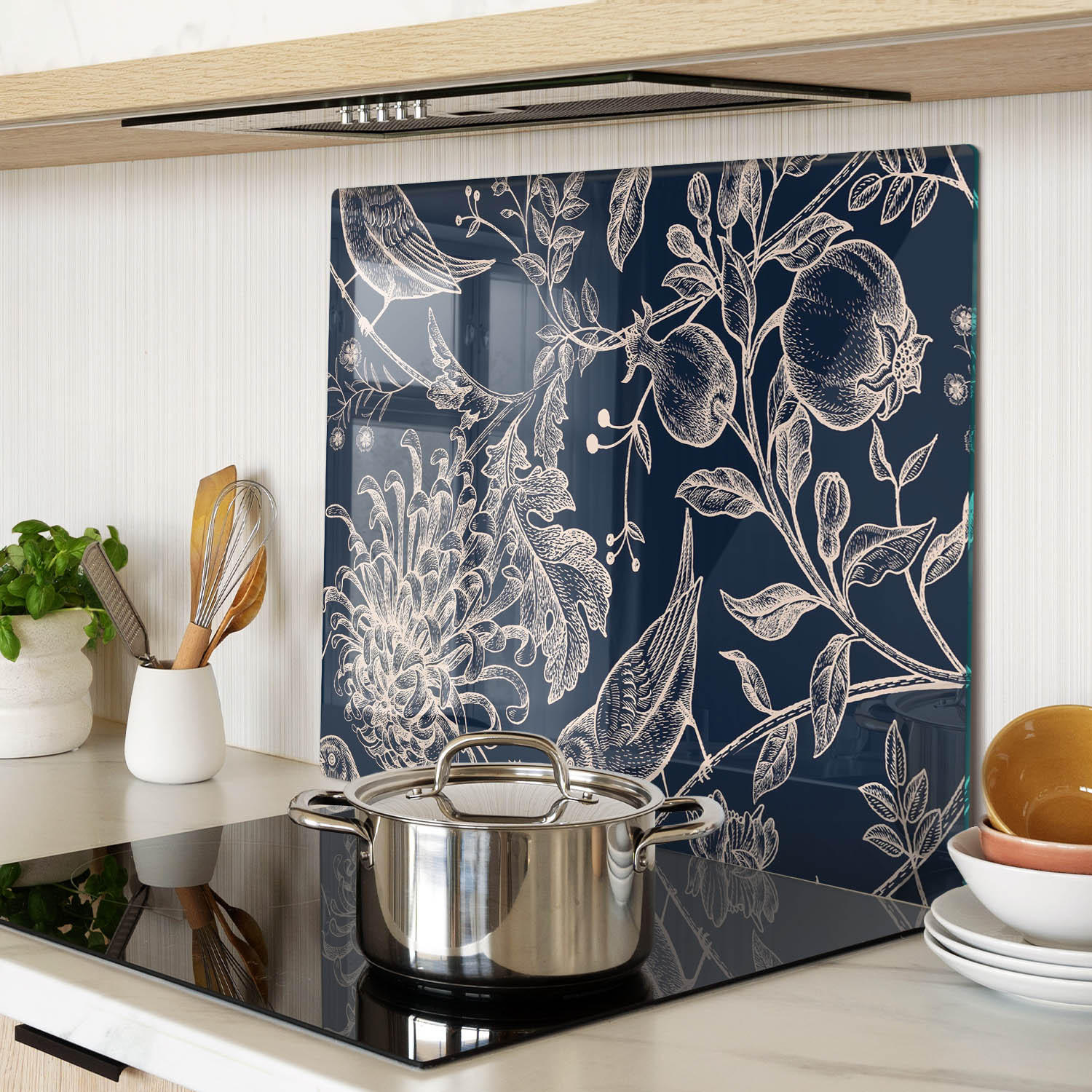 GLASPLATTE 60x52 cm Blumen und Vögel - Blau, Glas (60/0.4/52cm) - TULUP