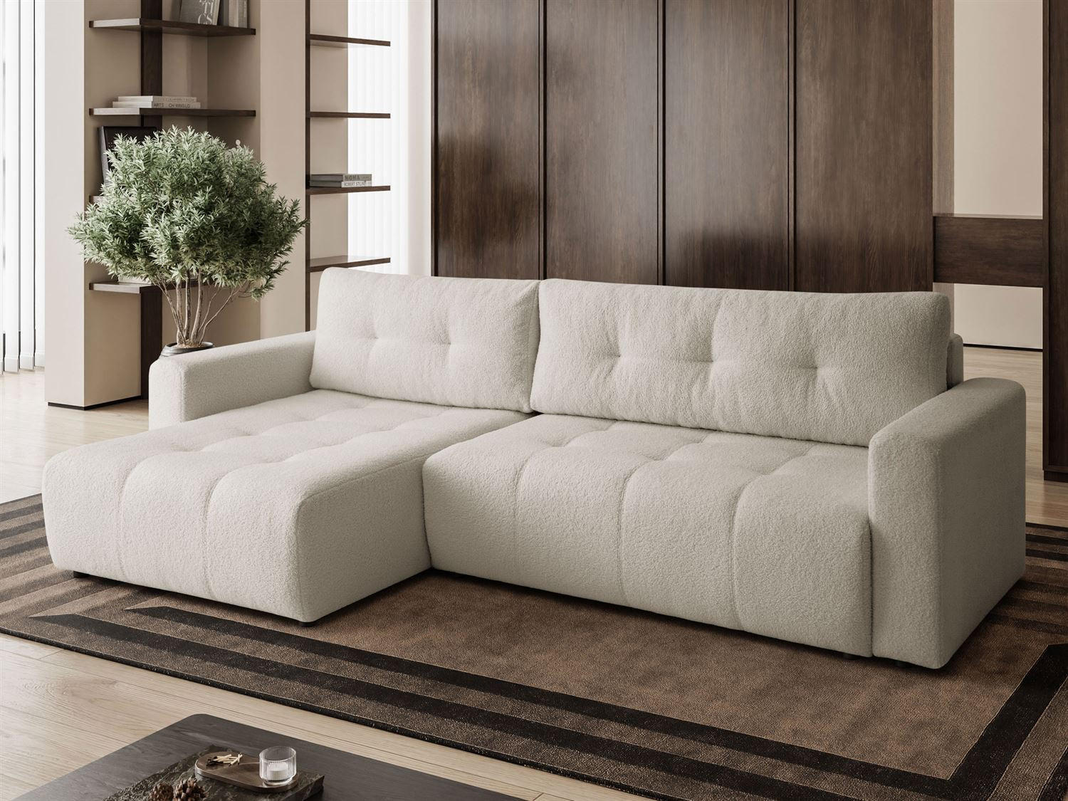 ECKSOFA VIENNA Stil Bettkasten und Funktionalität Bouclé Ecru Links - Ecru, Holz (143/261cm) - Kaiser Möbel
