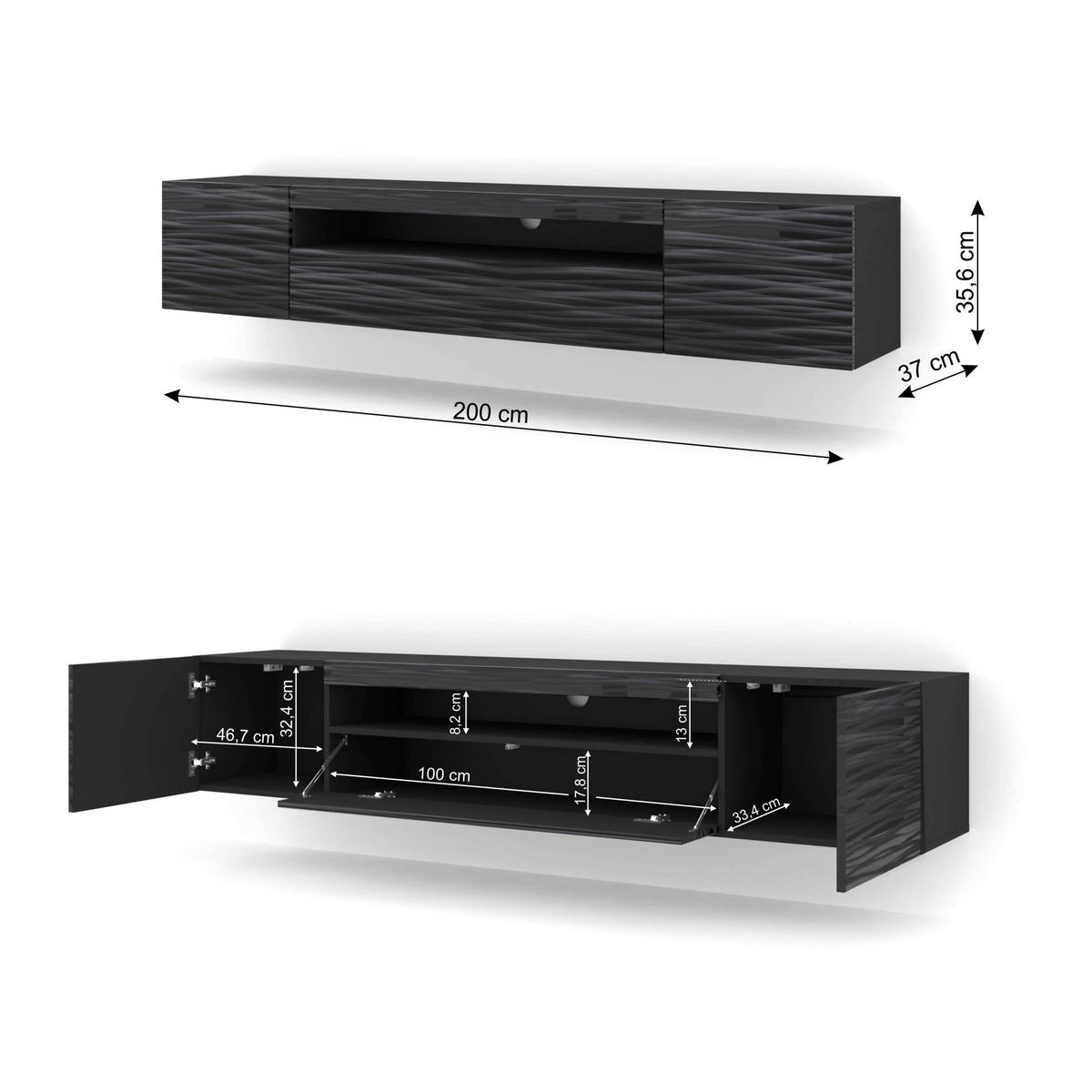 TV LOWBOARD Schwarz 200/42/37 - Anthrazit/Schwarz, Holzwerkstoff (200/42/37cm) - RAUMHIRSCH FURNITURE