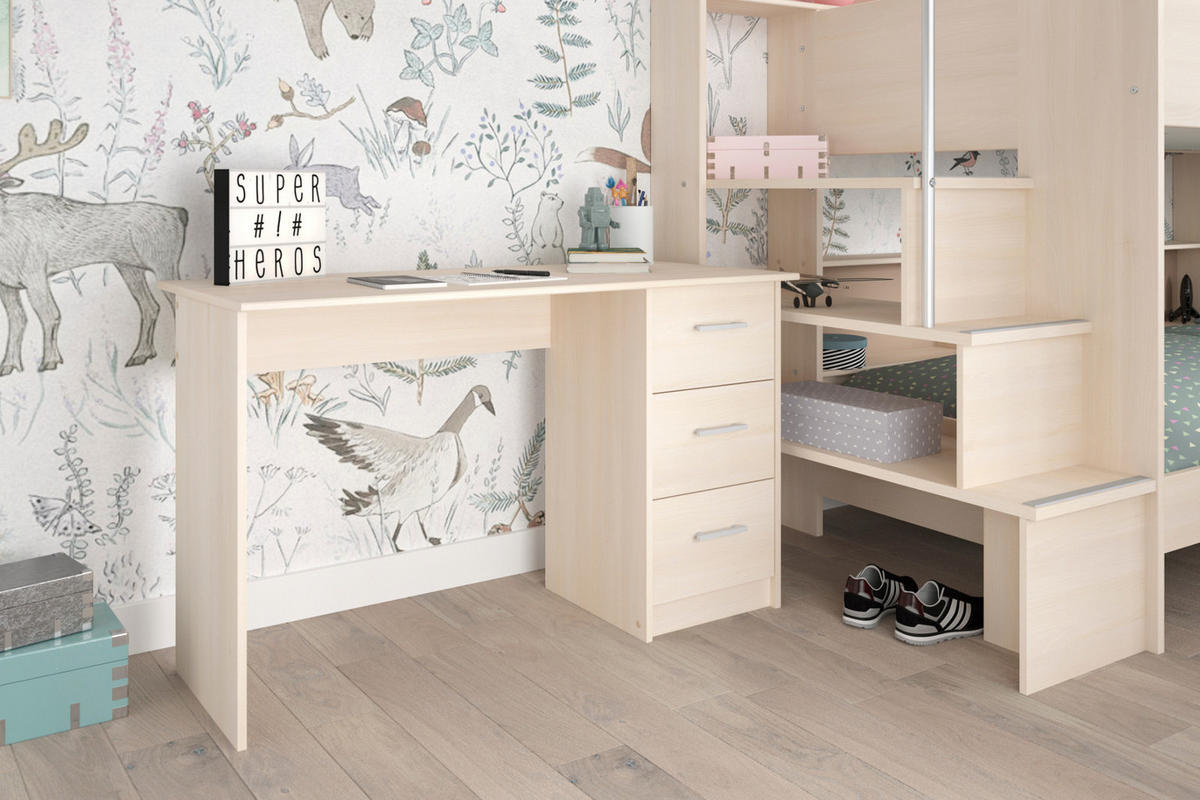 KINDERZIMMER Set 4-tlg. mit Etagenbett und 2 x Schreibtisch - Silberfarben/Akaziefarben, Holzwerkstoff/Kunststoff (245/171/114cm) - Parisot Meuble
