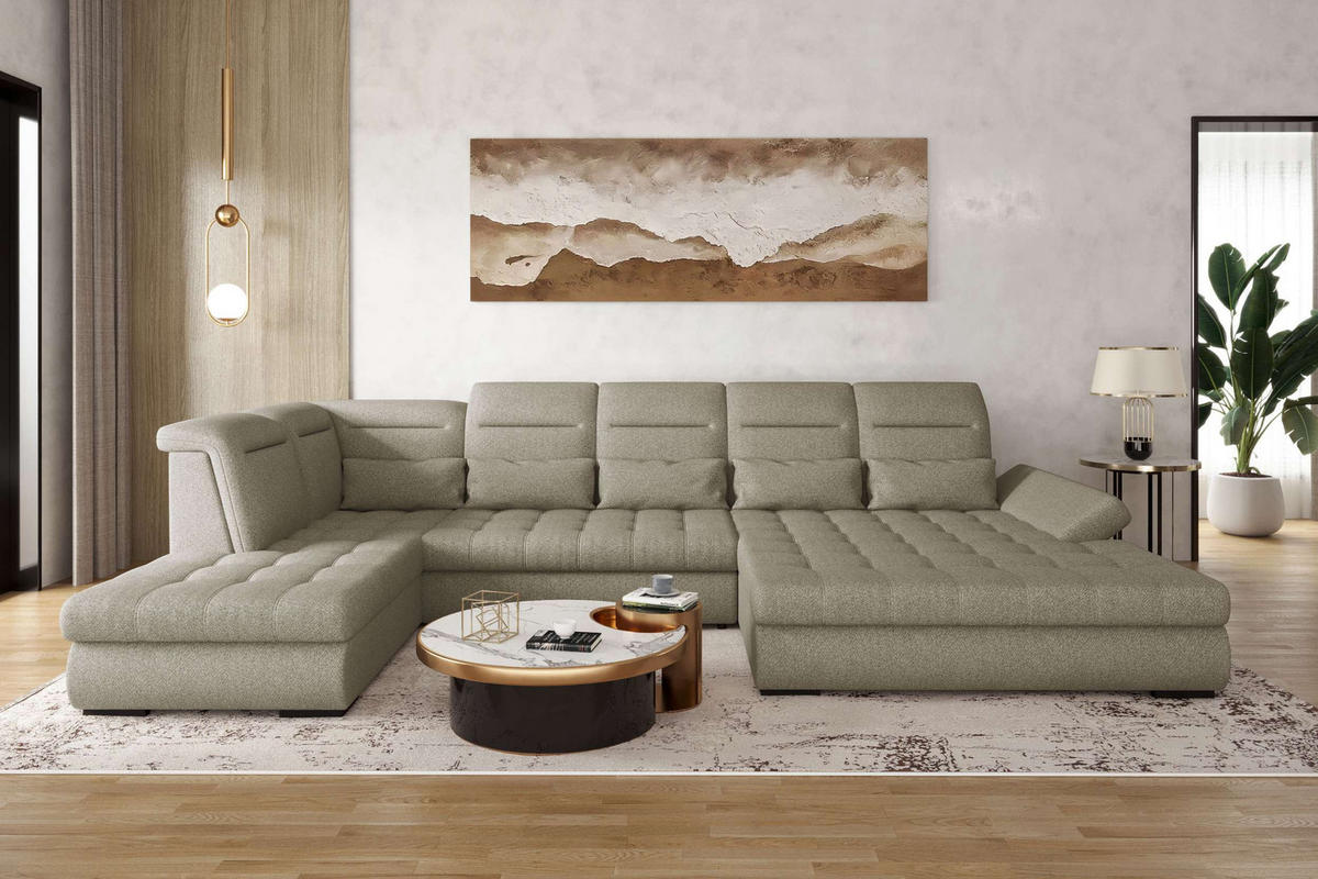 WOHNLANDSCHAFT Toscana Strukturstoff inkl. Schlaffunktion - Hellbraun, Textil (358/87/208cm) - 99rooms