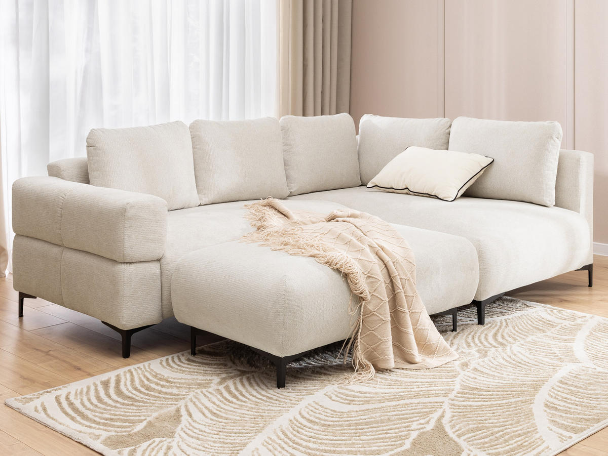 ECKSOFA inkl. Hocker Cardea mit Schlaffunktion in Bubble-Optik aus weichem Creme Strukturstoff und hohem Sitzkomfort - Ottomane rechts - Creme/Schwarz, Holz/Textil (230/170cm) - S-Style Möbel