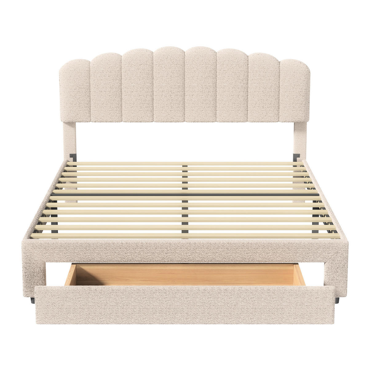 POLSTERBETT Muschel-Design 140/200 cm mit Schubkasten & USB Teddy-Fleece Beige - Beige, Textil (140/200cm) - Creahappy