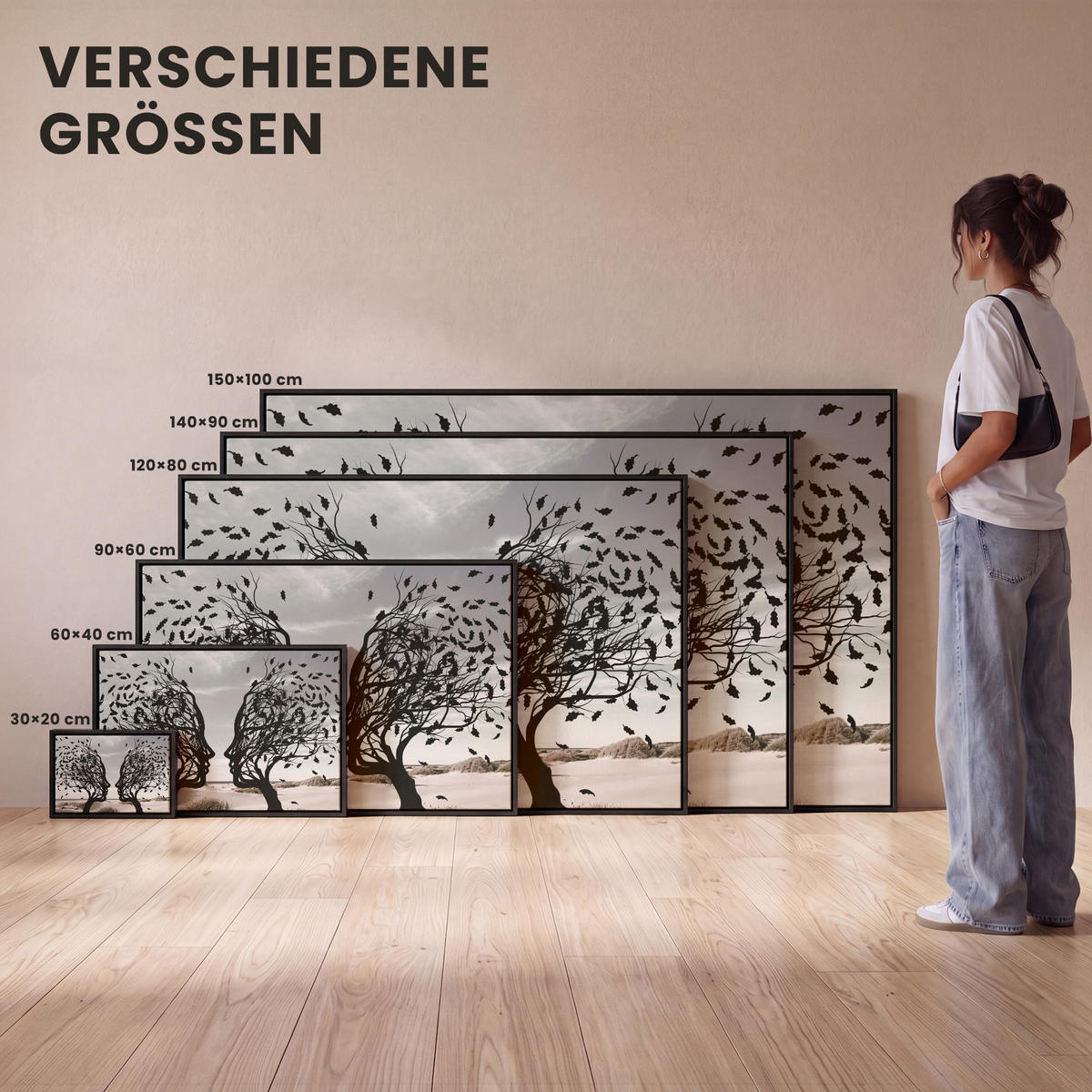LEINWAND Bilder mit Rahmen - Strand - Meer - Menschen - Baum - Moderne Kunst - 30x20 - Hellgrau, Textil (30/20cm) - MuchoWow