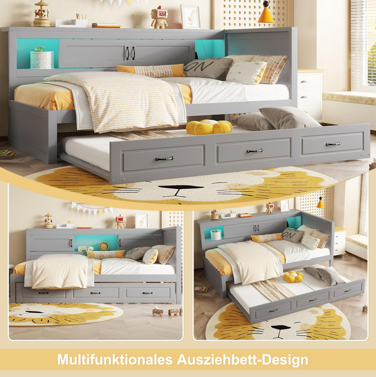TAGESBETT 90/200 cm mit LED-Beleuchtung, Ausziehbett, USB und Stauraum aus Spanplatte und MDF, Grau - Grau, Holzwerkstoff (90/200cm) - Redom