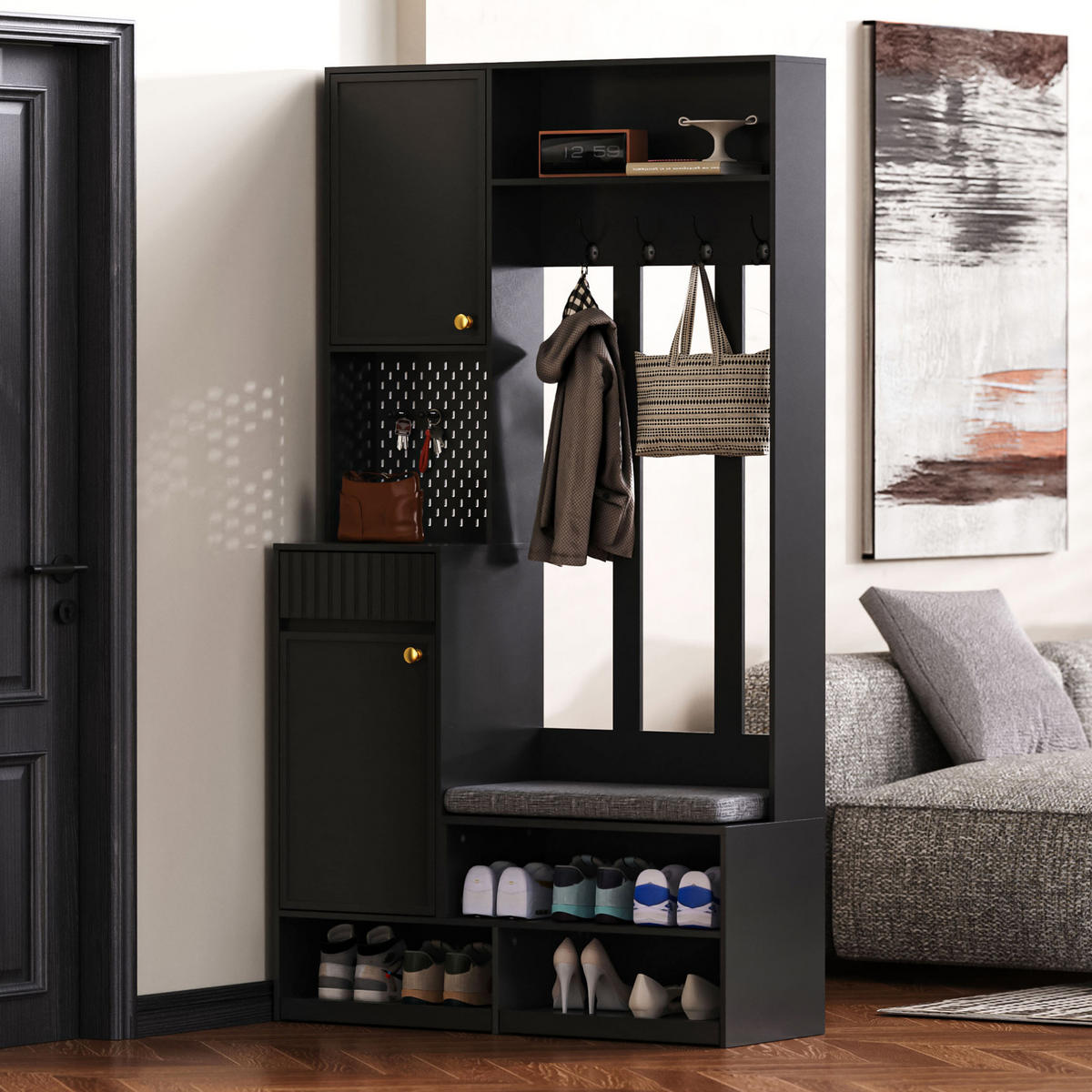 GARDEROBENSET mit Sitzbank 100 x 35 x 180 cm MDF Black 6-in-1 - Schwarz, Holzwerkstoff (35/180/100cm) - Beauniv