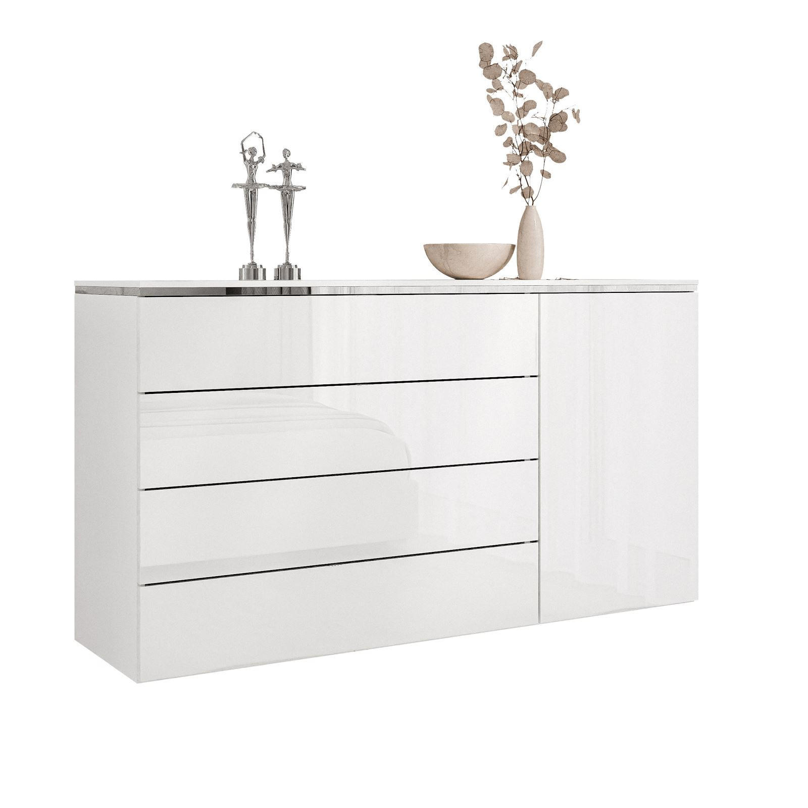 KOMMODE AURORA SILVER 4S1D mit Schubladen – Hängend - Weiß Hochglanz, Holzwerkstoff (140/76/40cm) - Lookway