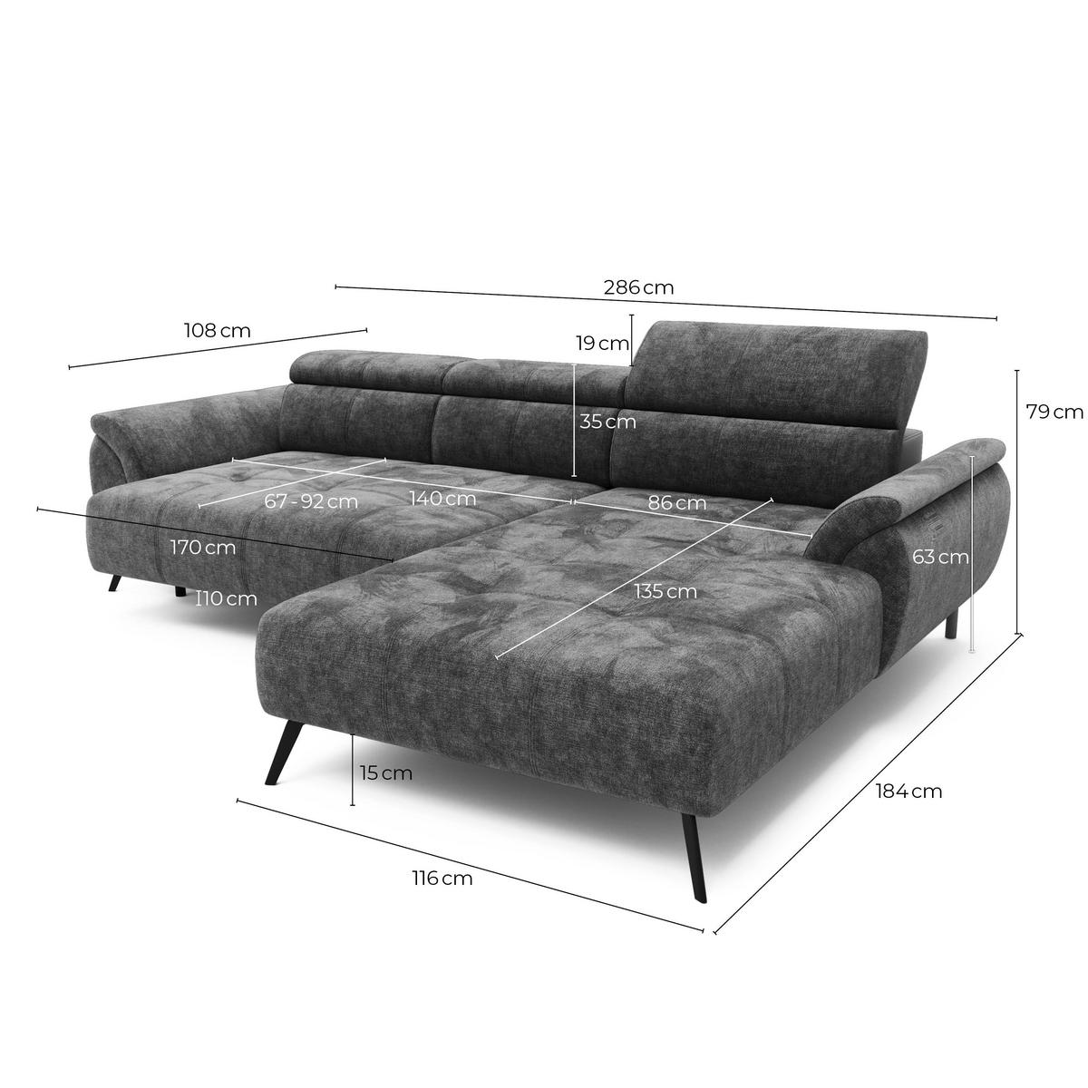 ECKSOFA Ottomane links Chenille 286x184x79 grün VALENTINA - Grün, Kunststoff (286/184cm) - Massivmoebel24