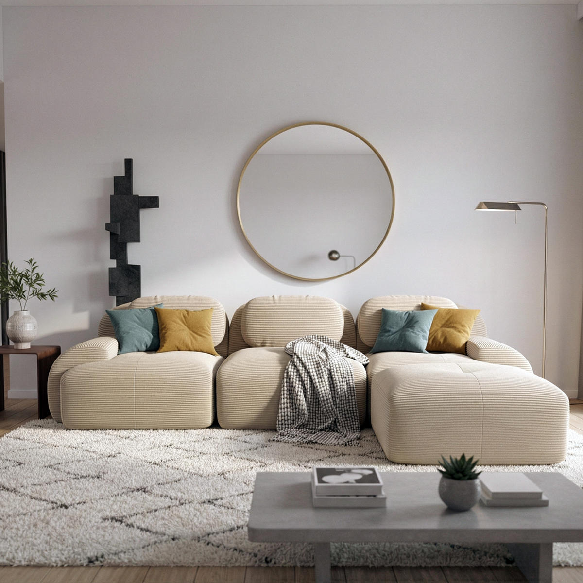 ECKSOFA 3-Sitzer in Premium-Cord Montagefrei & Rutschfest - Beige, Textil (298/178cm) - Urban Meuble