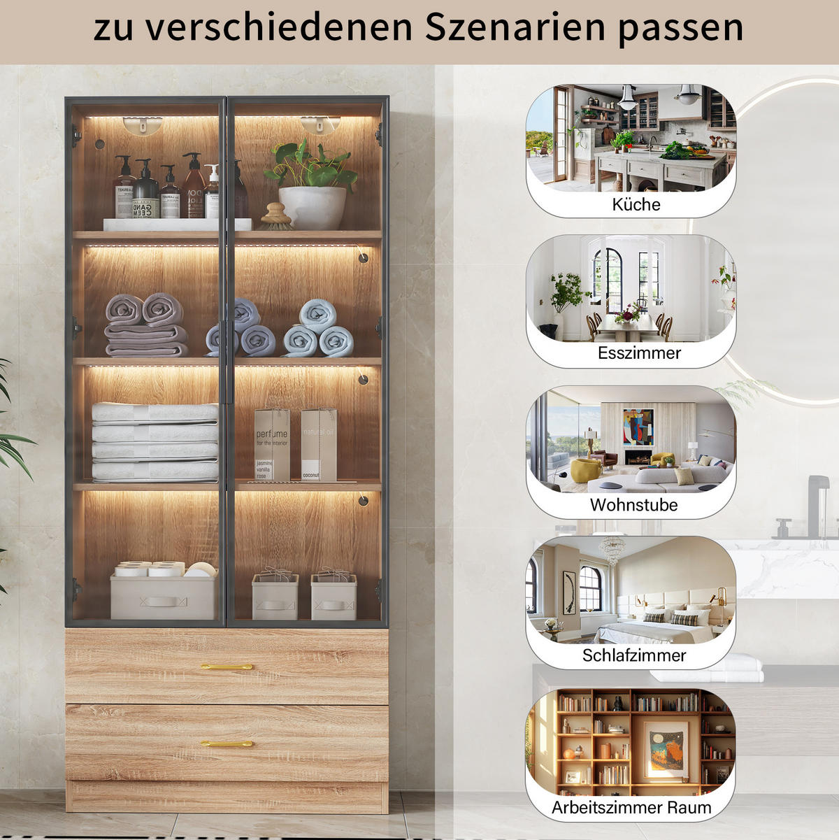 KOUPELNOVÁ skříňka z MDF 75x34.5x170 cm hnědá s otevřenými policemi, dvířky, zásuvkami a tvrzeným sklem - hnědá, kompozitní dřevo (75/170/34.5cm) - Modfu
