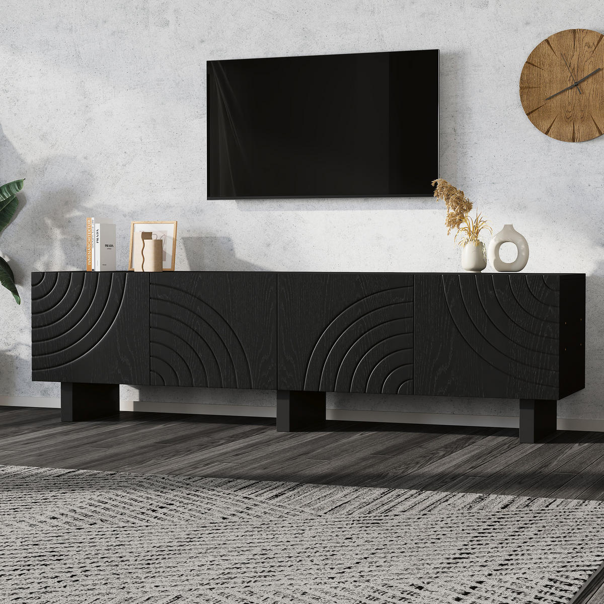 LOWBOARD in Schwarz TV-Schrank mit 2 Ablagen, für 75-Zoll-Fernseher , B180/T40/H55 cm - Schwarz, Holzwerkstoff (180/55/40cm) - STILVORA