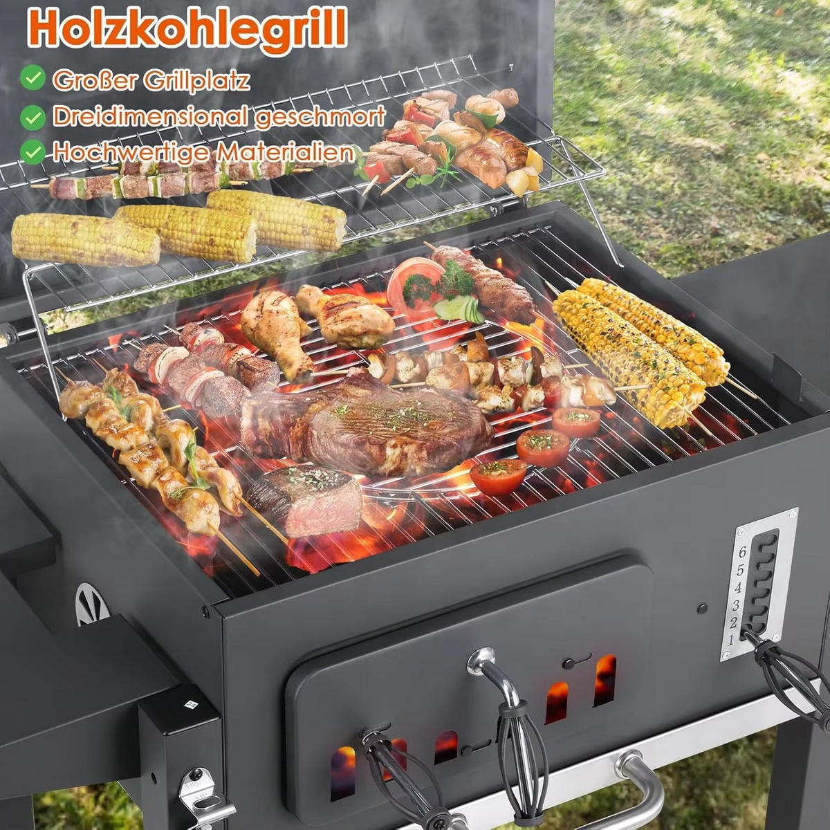 HOLZKOHLEGRILL XXL MIT ROLLEN UND SEITENTISCHEN - Schwarz, Metall (49/54cm)