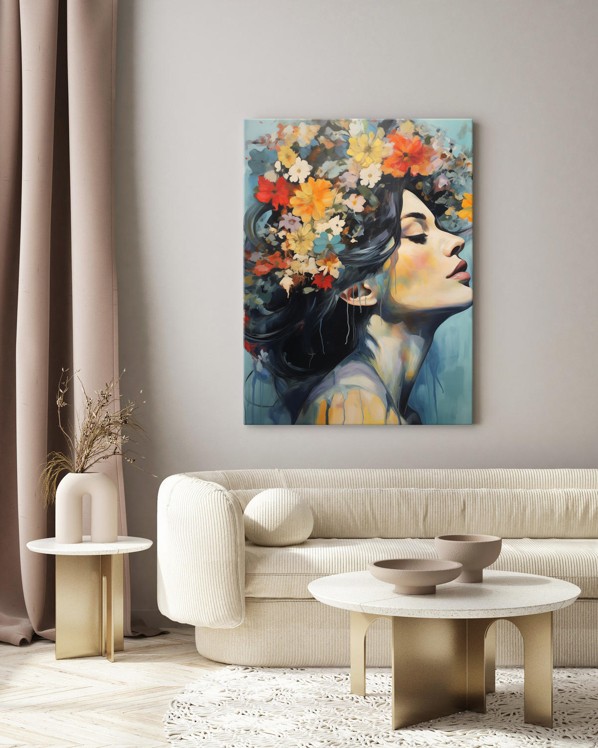 LEINWANDBILD Frau Porträt Gesicht Blumen 50x70 - Blau/Beige, Textil (50/70cm) - Muralo