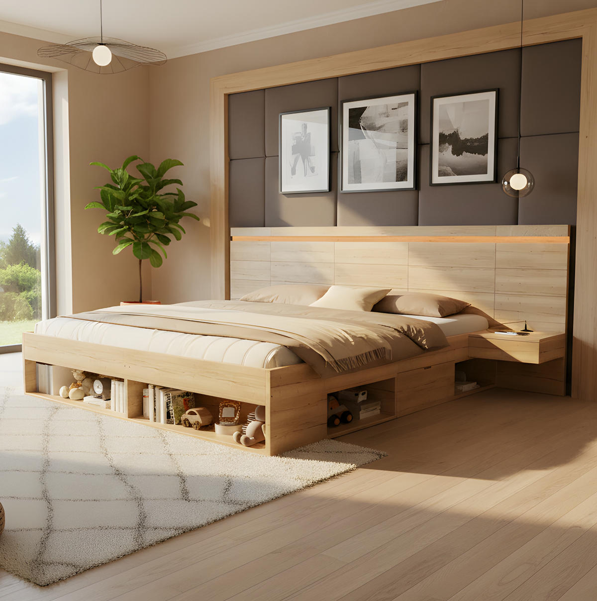 ČALOUNĚNÁ postel 180/200 cm z MDF, přírodní, s úložným prostorem, LED osvětlením a USB nabíjením - přírodní, kompozitní dřevo (180/200cm) - BEAOK