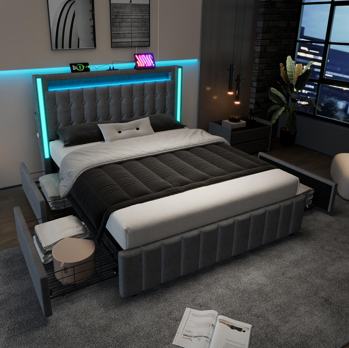 POLSTERBETT mit LED, USB und 4 Schubladen 160x200 cm Leinen Grau - Grau, Metall (160/200cm) - Meubliv