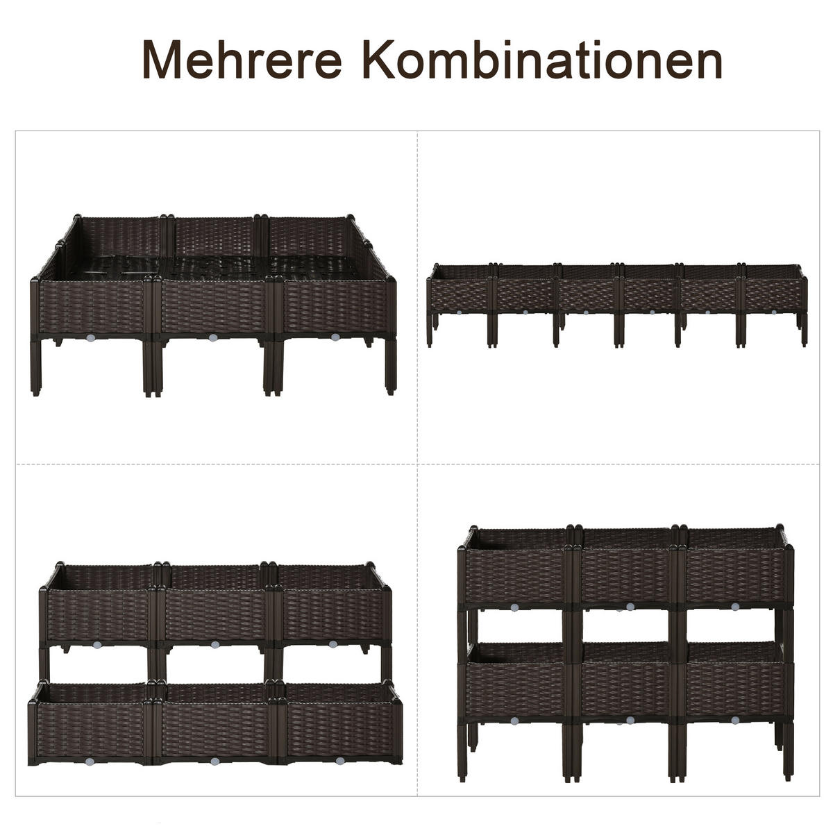 HOCHBEET, 6-tlg. Pflanzkasten mit Abflusslöchern, Rattan-Look, Blumenkasten, DIY, Braun, 40 x 40 x 44 cm - Braun, Kunststoff (40/44/40cm) - Outsunny