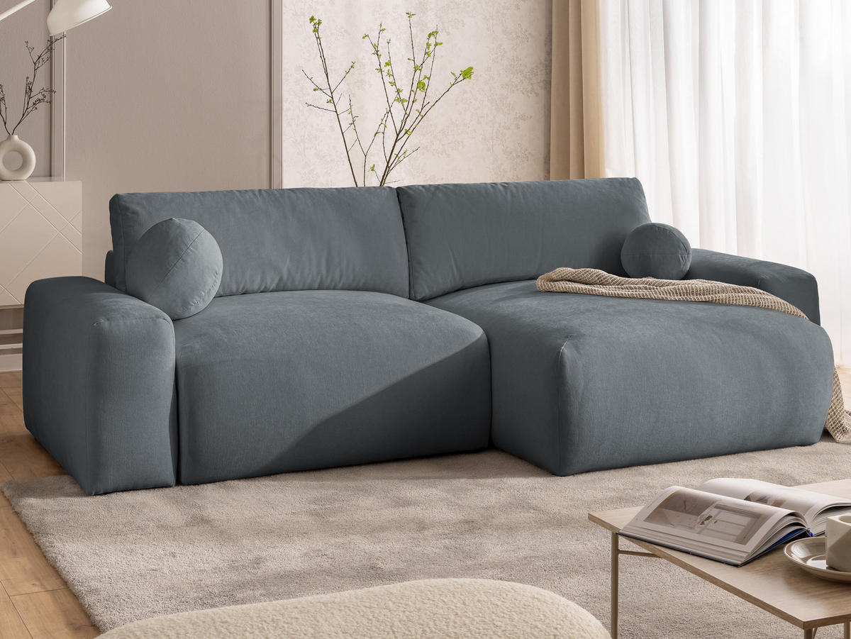 ECKSOFA Puffy mit Schlaffunktion und Bettkasten - besonders weich und puffig aus Dunkelgrau Webstoff - Ottomane rechts - Dunkelgrau/Schwarz, Holz/Kunststoff (266/138cm) - S-Style Möbel