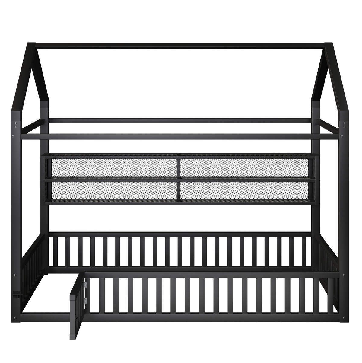 KINDERBETT 90/200 cm in Hausform aus Metall mit Sicherheitszaun und LED - Schwarz, Metall (90/200cm) - BEAOK