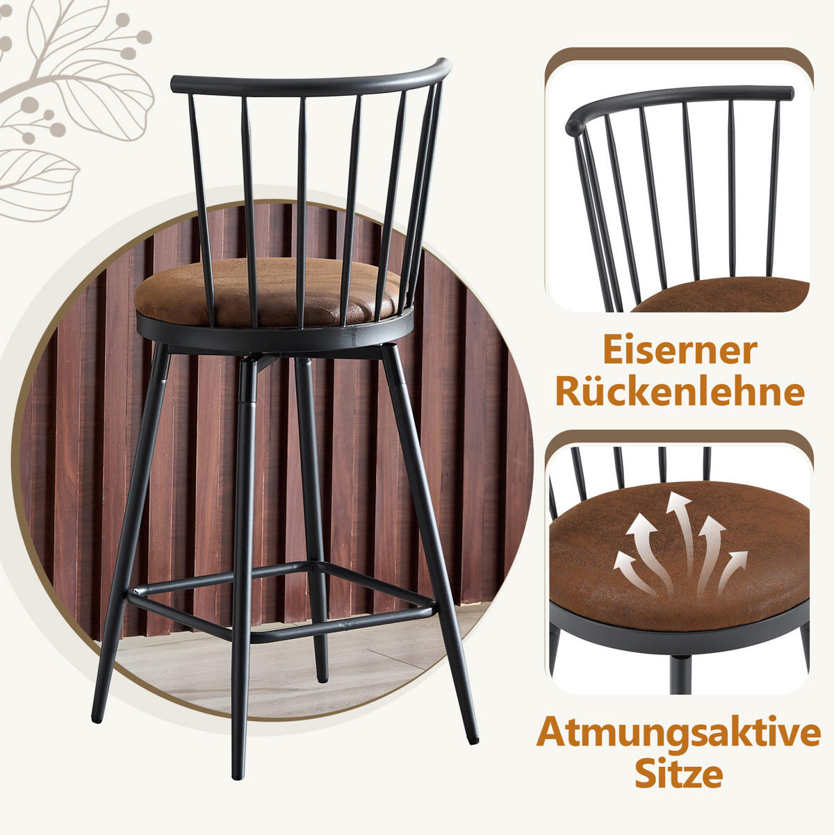 BARHOCKER Braun mit gepolstertem Sitz und Metallgestell - Braun, Textil (39/96/39cm) - MIVRAY