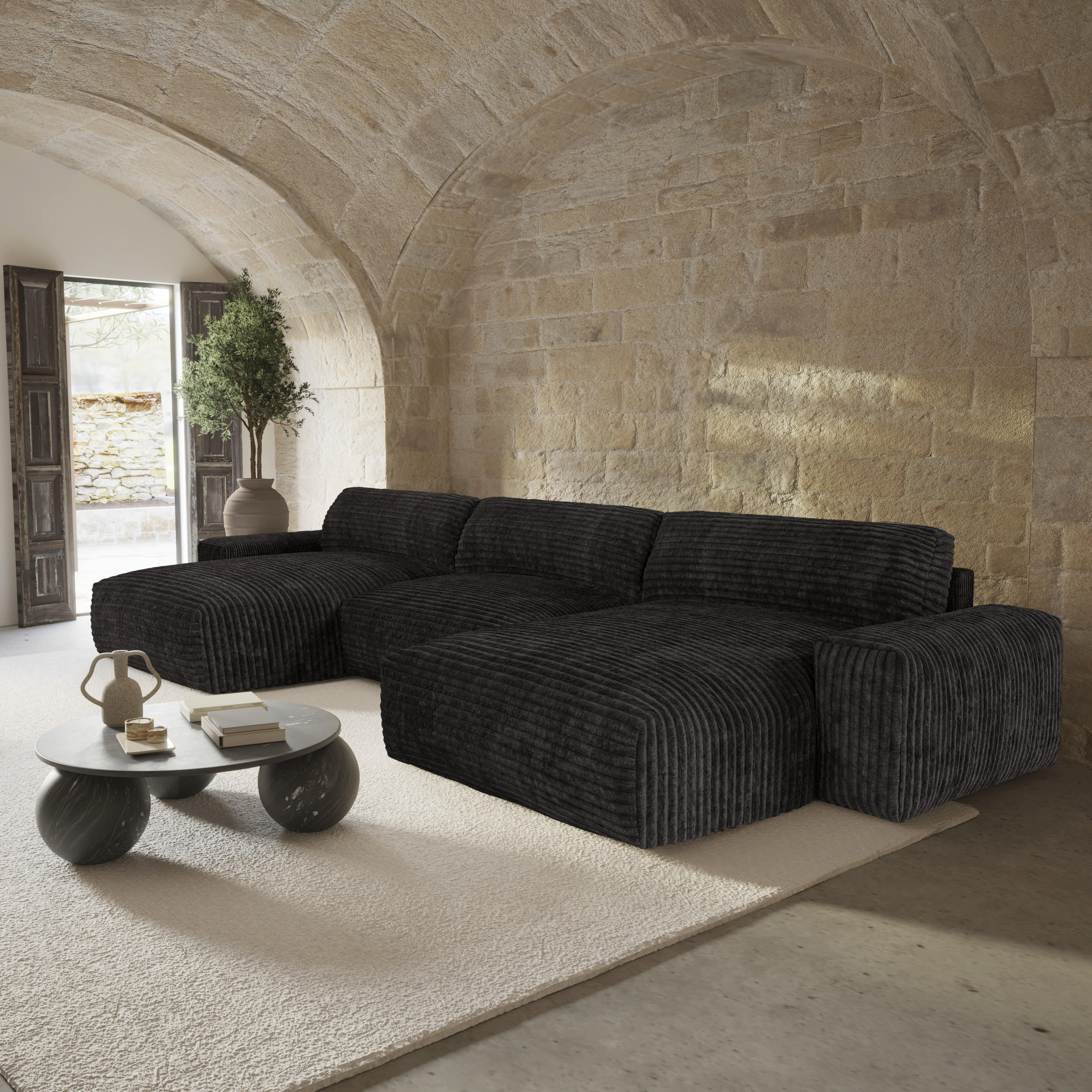 WOHNLANDSCHAFT Gerippter Samt XXL Schwarz 220cm - Schwarz, Textil (220/75/120cm) - Sia Home