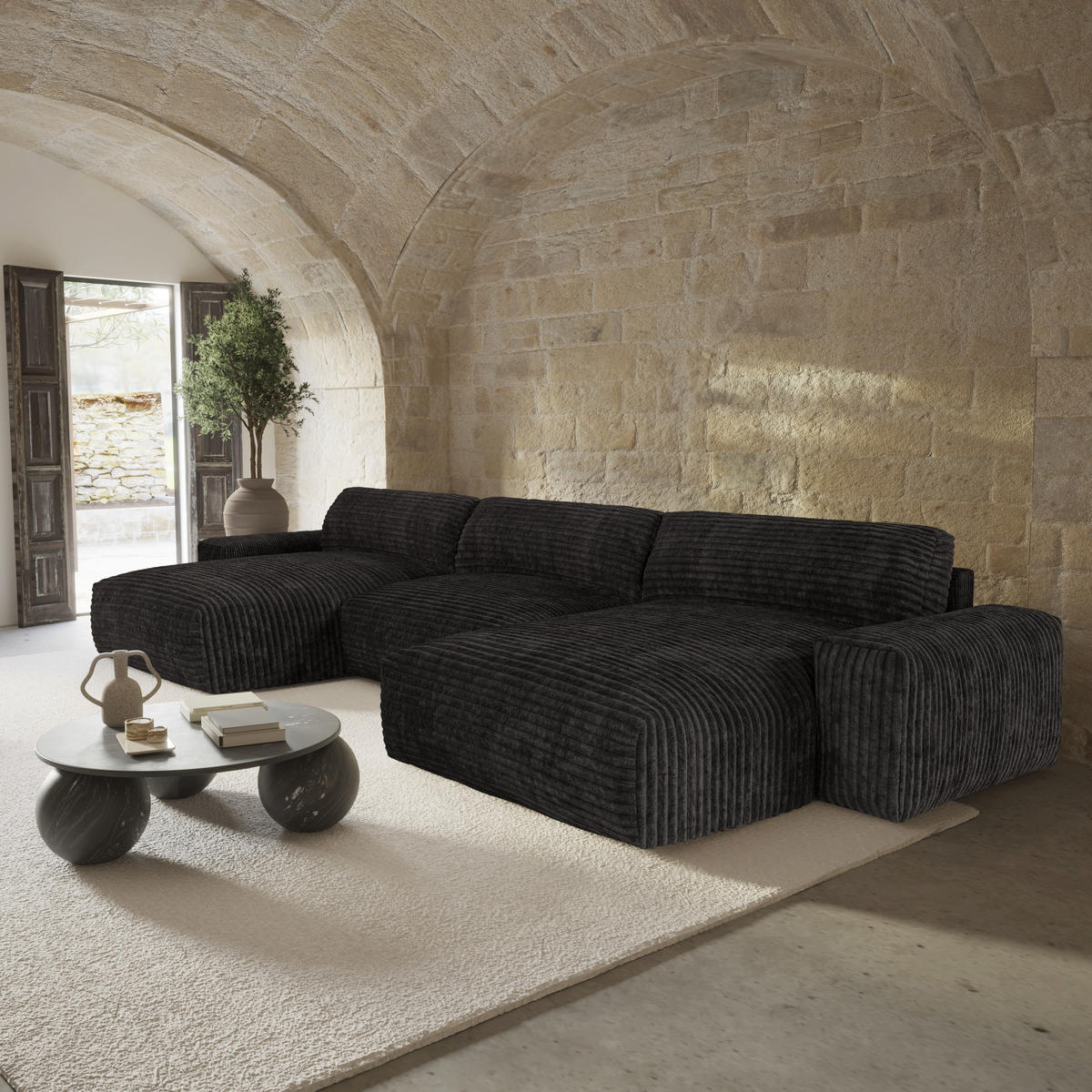 WOHNLANDSCHAFT Gerippter Samt XXL Schwarz 220cm - Schwarz, Textil (220/75/120cm) - Sia Home