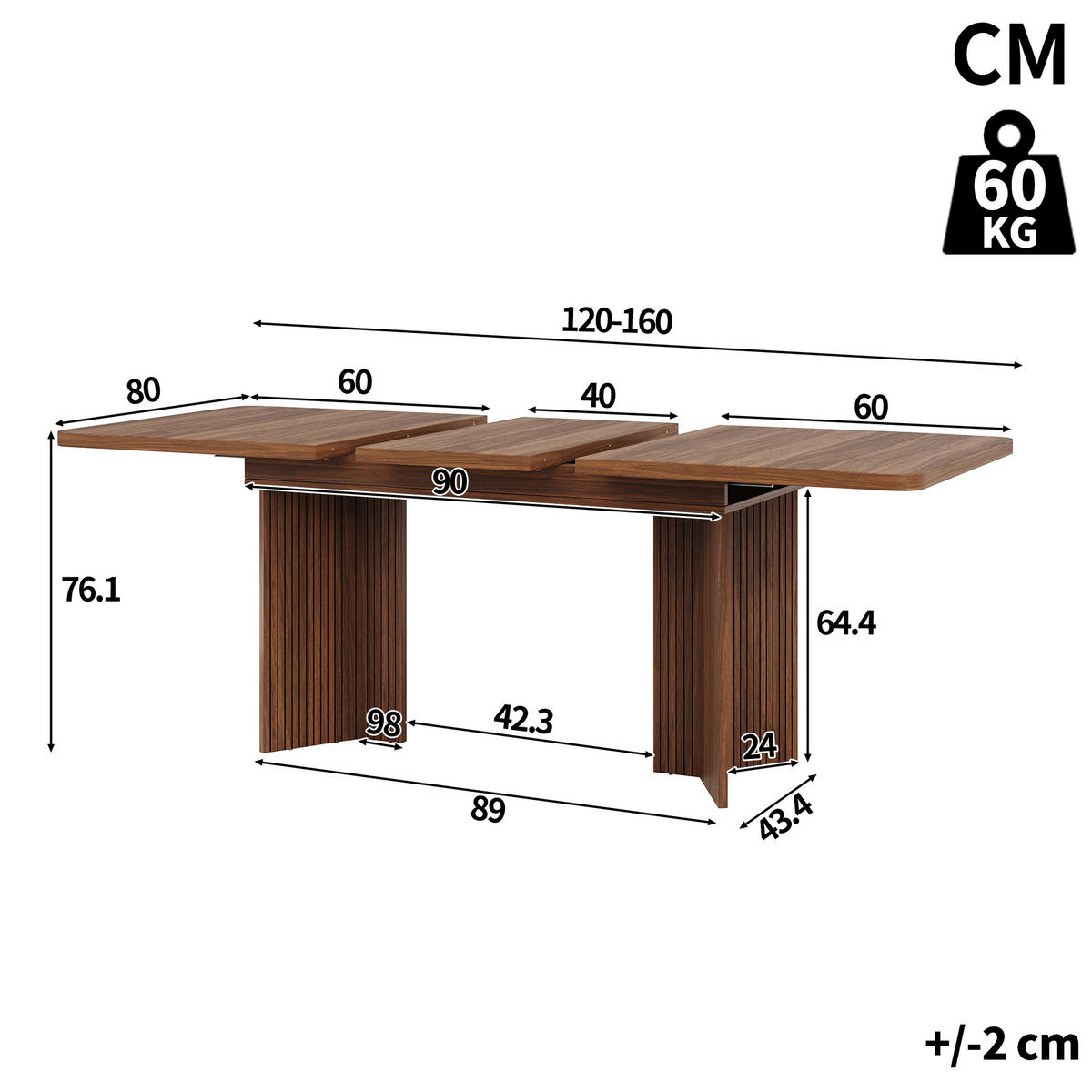 ESSTISCH 120-160/80/76.1 cm Braun mit vertikaler Riffel V-förmigen Tischbeinen - Braun, Holz/Holzwerkstoff (120/80/76.1cm) - Oxeza