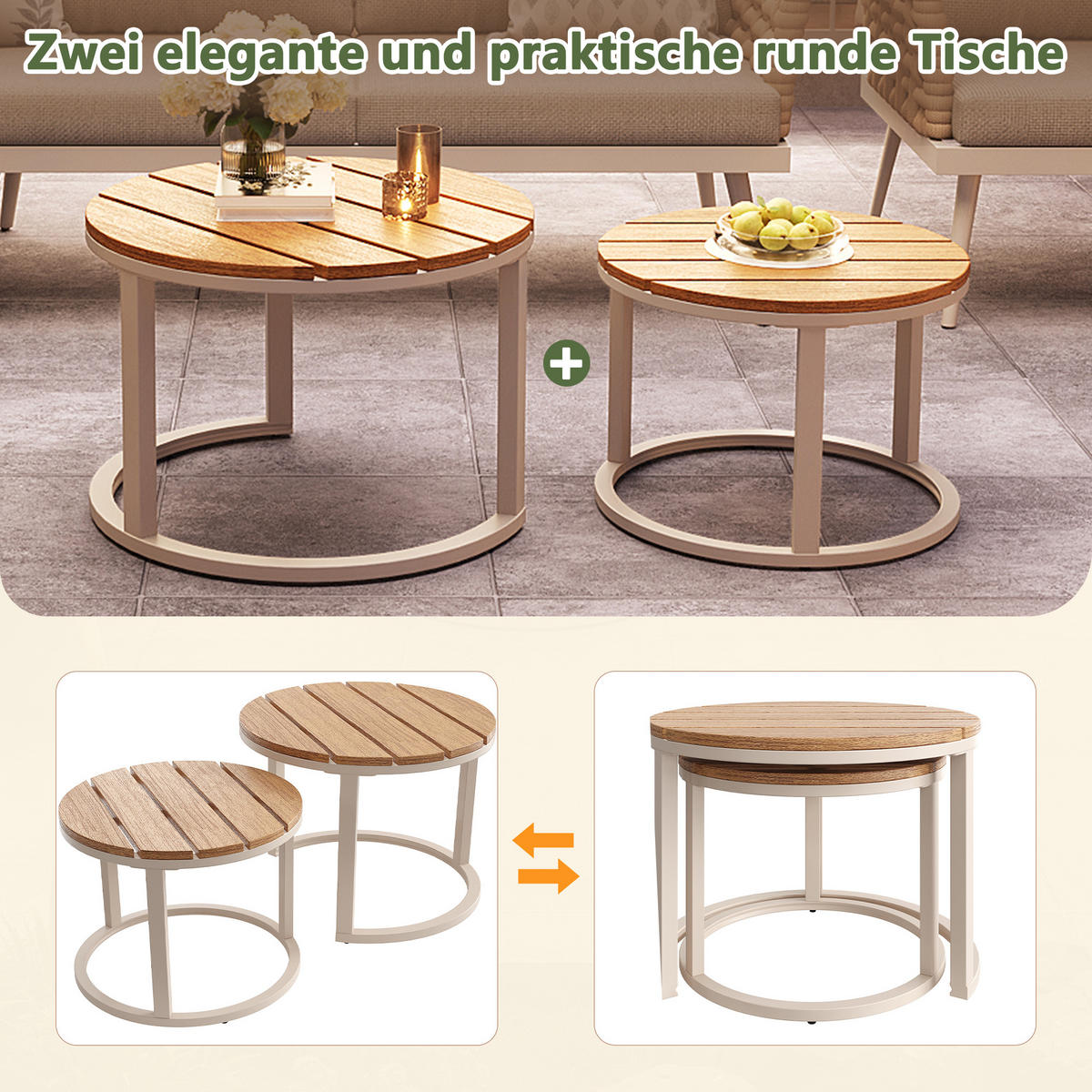 GARTENSET L-Form 6 Personen Beige Inkl. 2 Tische & Sessel Mit Polstern - Beige, Metall - FLIEKS