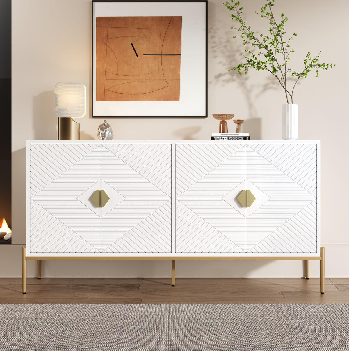 SIDEBOARD 162/40/80 cm in Weiß mit 4 Türen und goldfarbenen Metallakzenten - Weiß, Holzwerkstoff (162/80/40cm) - BEAOK