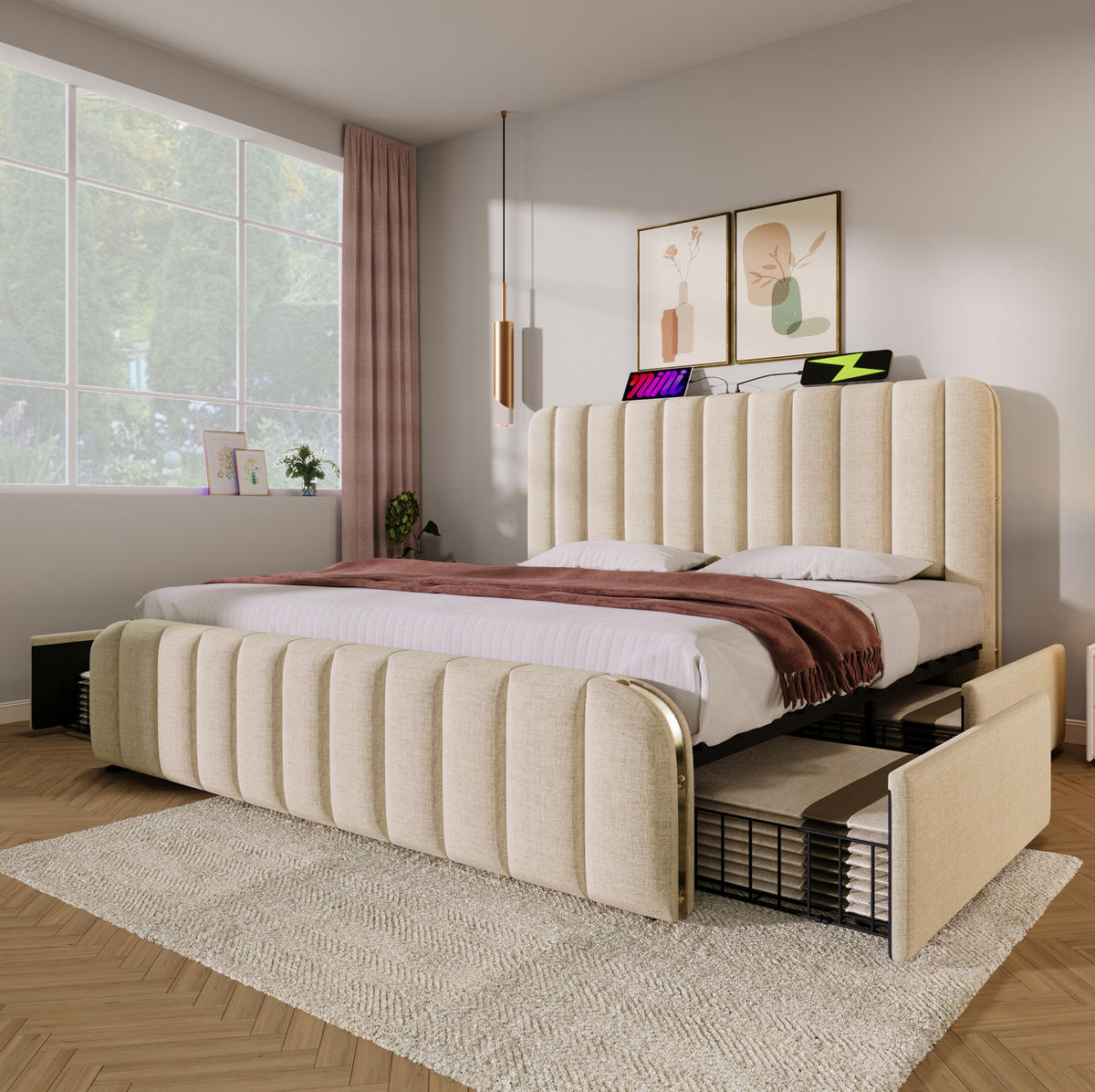 POLSTERBETT mit 4 Schubladen USB/Typ-C 180x200 cm Leinen Beige - Beige, Metall (180/200cm) - Meubliv