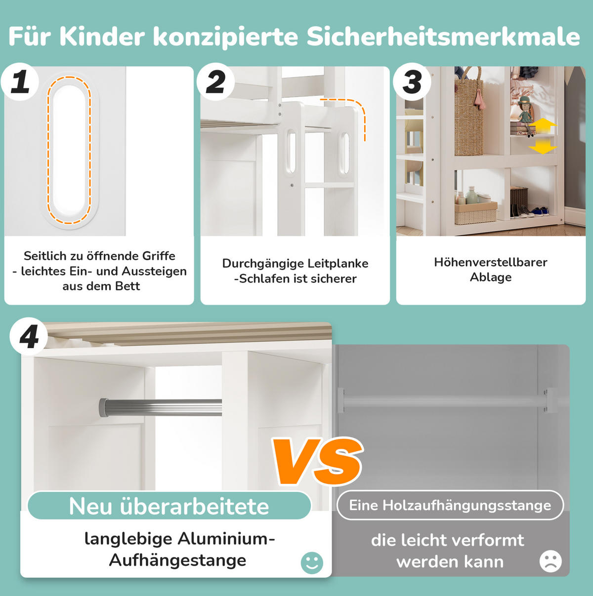 HOCHBETT mit Schreibtisch 90/200 cm in Weiß – mit Kleiderschrank und Rausfallschutz - Weiß, Holzwerkstoff (90/200cm) - BEAOK