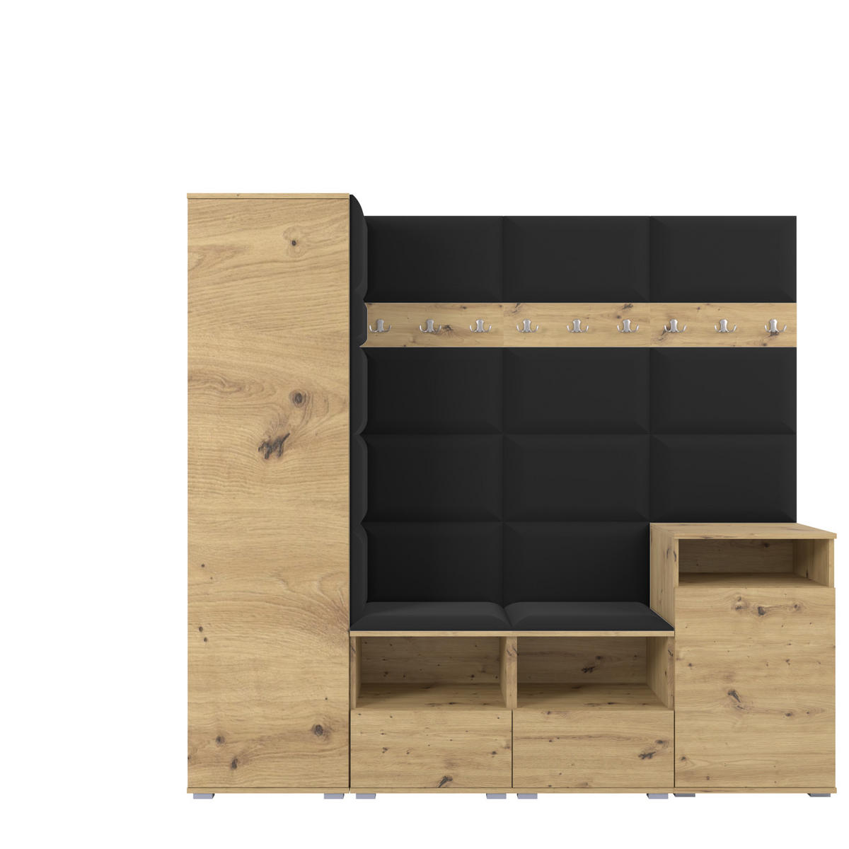 GARDEROBE NELA X 200 cm (Modulare Flurmöbel Artisan Eiche mit Sitzpolster Schwarz 16 Schrank + Sideboard) - Silberfarben/Schwarz, Holz/Holzwerkstoff (200/187/40cm) - Ravio