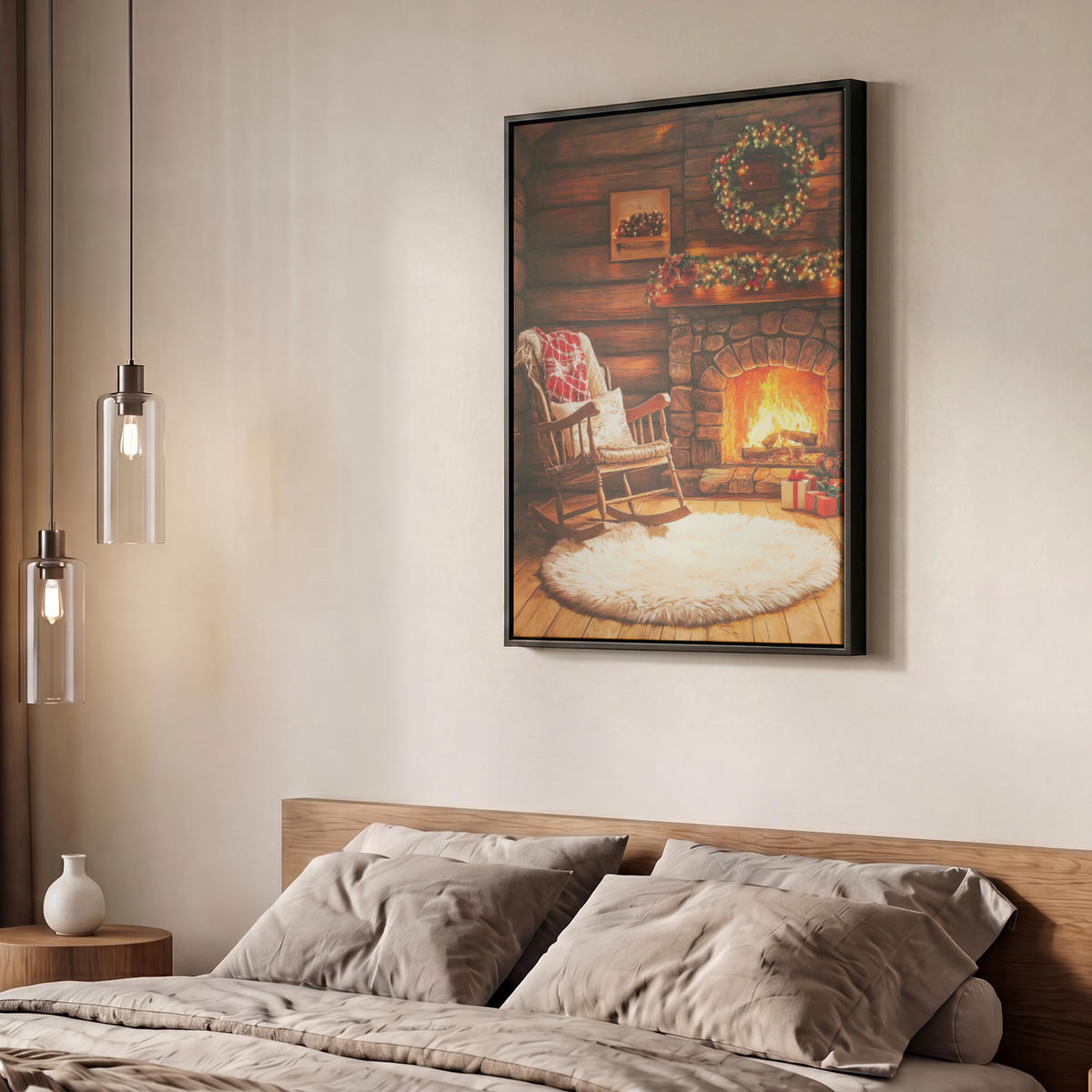 LEINWAND Bilder mit Rahmen - Winter - Weihnachten - Zuhause - Kamin - 60x80 - Bernsteinfarben, Textil (60/80cm) - MuchoWow