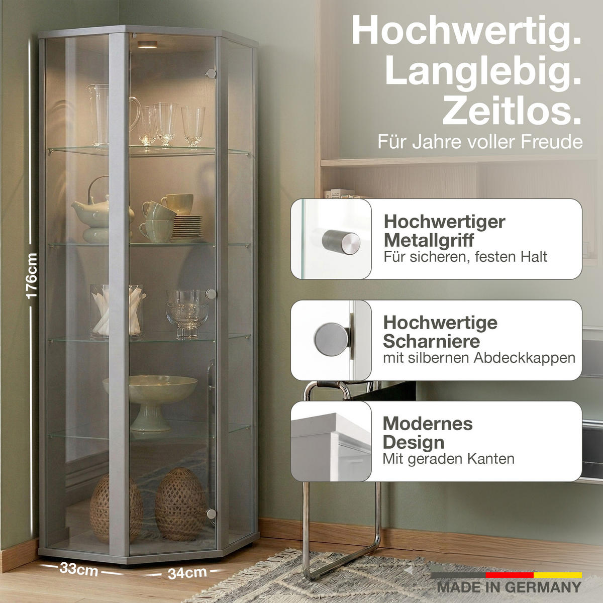 ECKVITRINE 56,5/56,5/176 cm mit LED - Transparent/Silberfarben, Glas/Holzwerkstoff (56.5/176/56.5cm) - K-Möbel