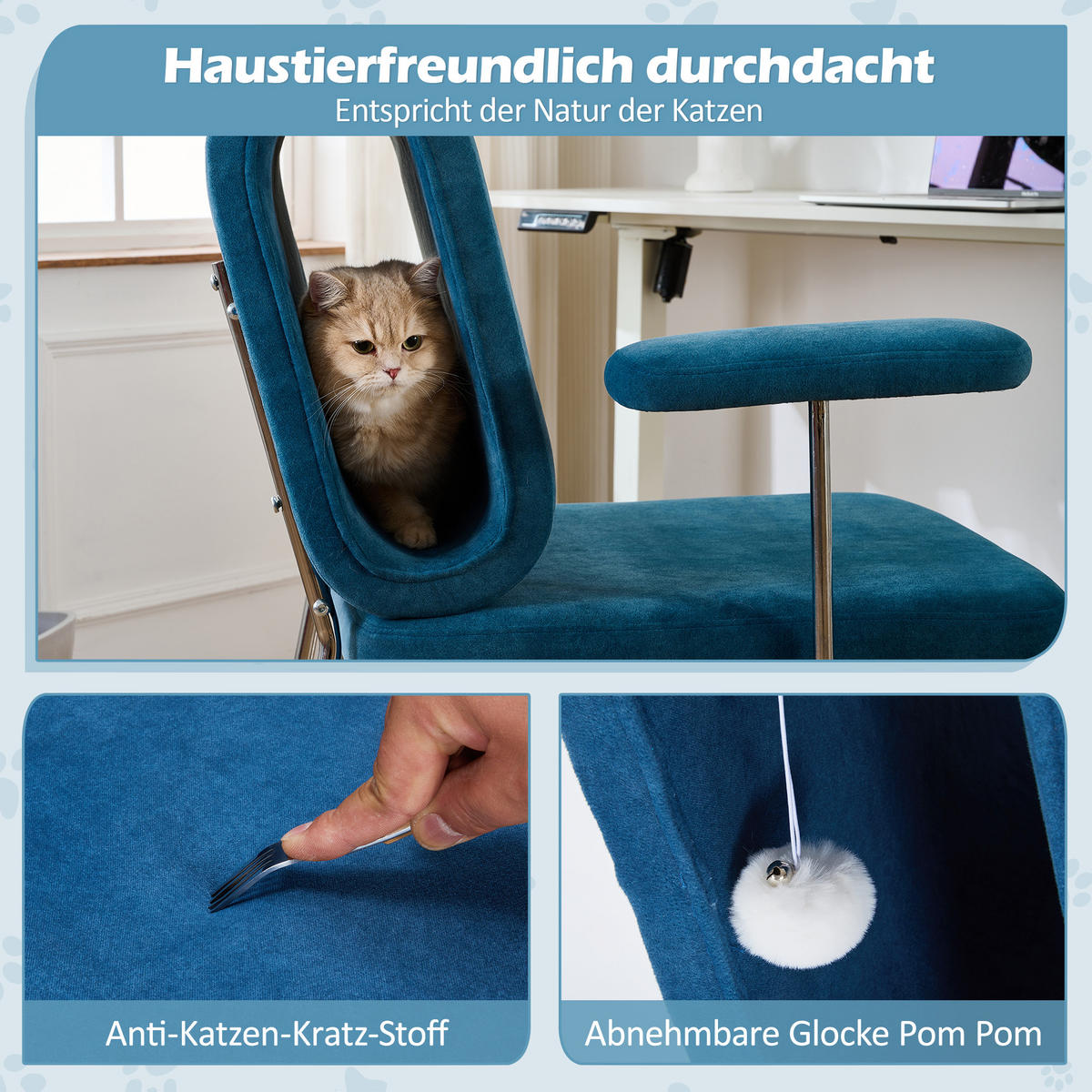 BÜROSTUHL aus Stoff mit Katzenhöhle in der Rückenlehne 77/70/89 cm Blau - Blau, Textil (70/89/77cm) - Redom