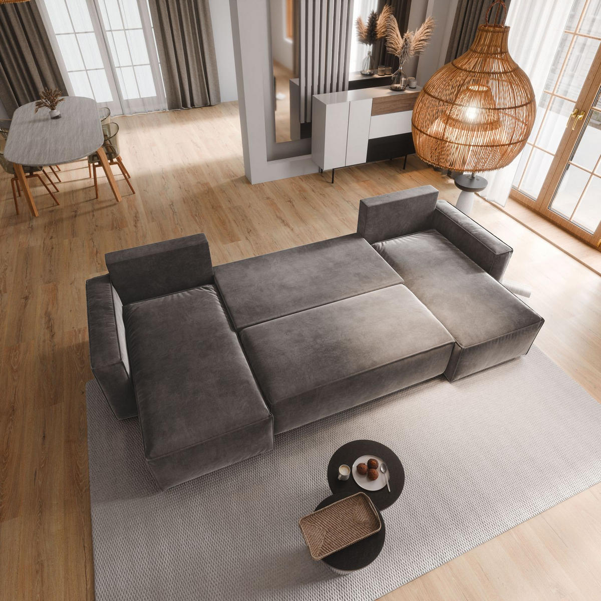 WOHNLANDSCHAFT DENI Grün Velours-Stoff mit Schlaffunktion - Grün, Holz (295/85/140cm) - MASSENO