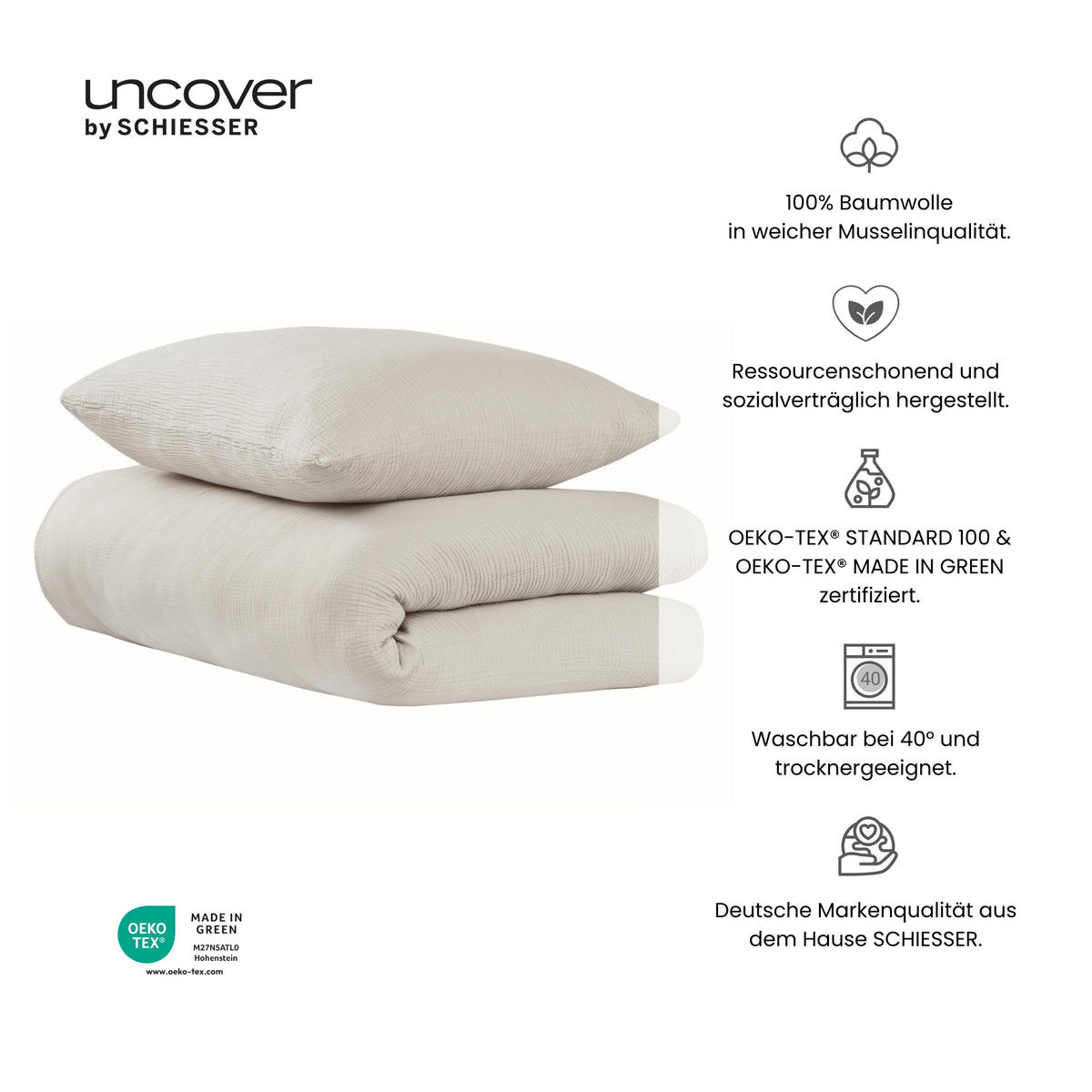 BETTWÄSCHESET Lennox - Musselin - 2-teilig - 135x200cm - Helltaupe - Taupe, Textil (135/200cm) - Uncover by Schiesser