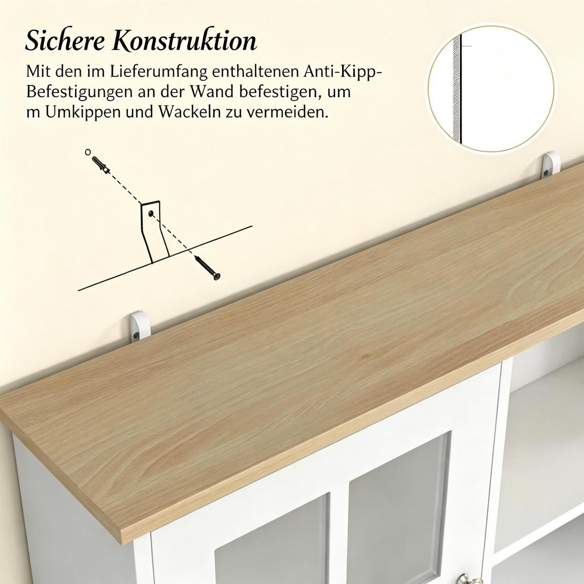 BUFFET DE-38812 80/37/183 cm, Glastüren und Arbeitsplatte Weiß - Weiß, Holzwerkstoff (80/183/37cm) - ComfortXL