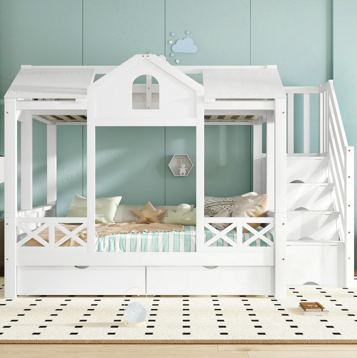 ETAGENBETT 90/200 & 140/200 cm Weiß mit Spielhaus-Design und Stauraum - Weiß, Holzwerkstoff (90/200cm) - Flora Grace