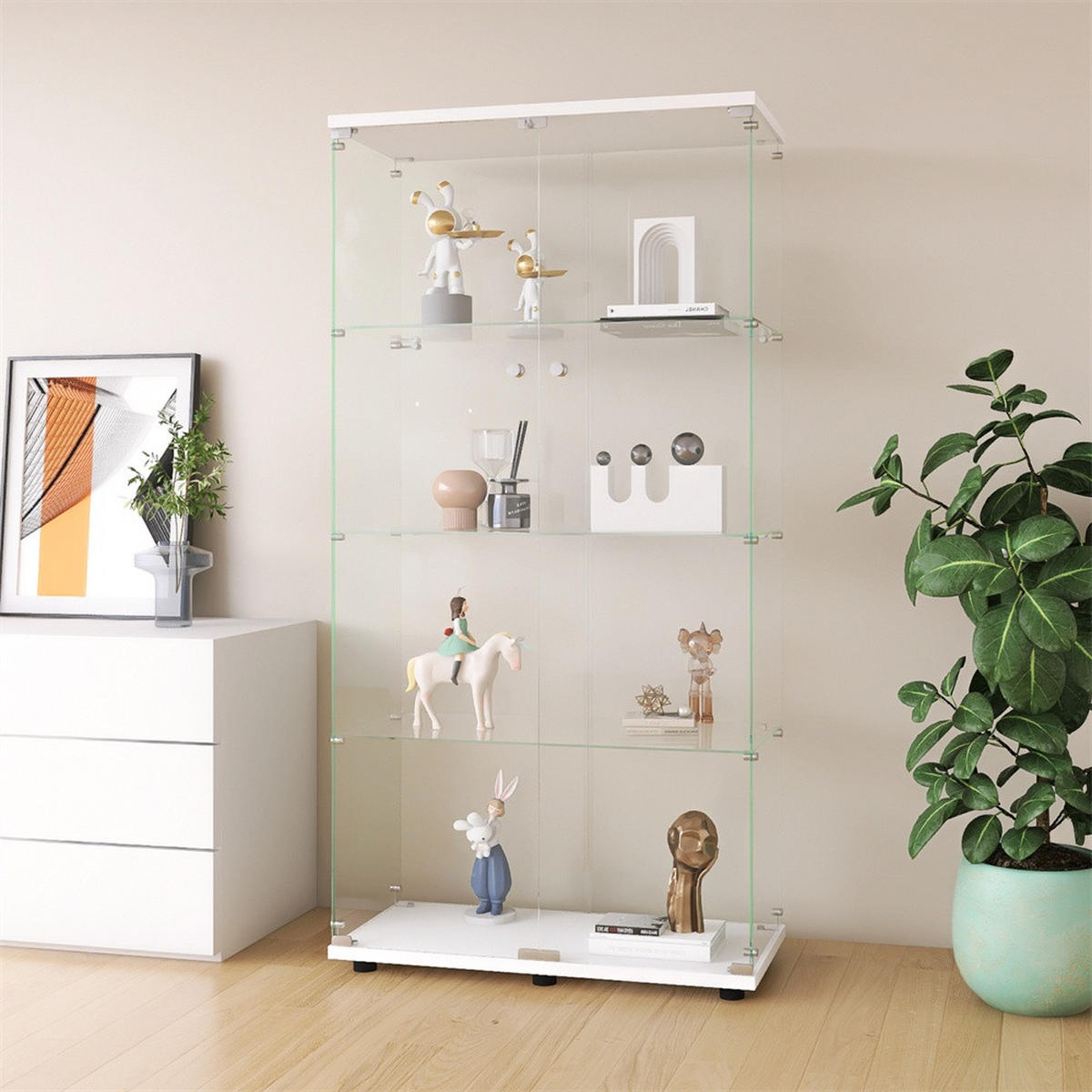 VITRINE - Glasvitrine mit 2 Türen und 4 Ebenen - abschließbar - Weiße Decken- und Bodenplatte - Weiß, Glas (80.5/164.3/36.3cm) - DELFA